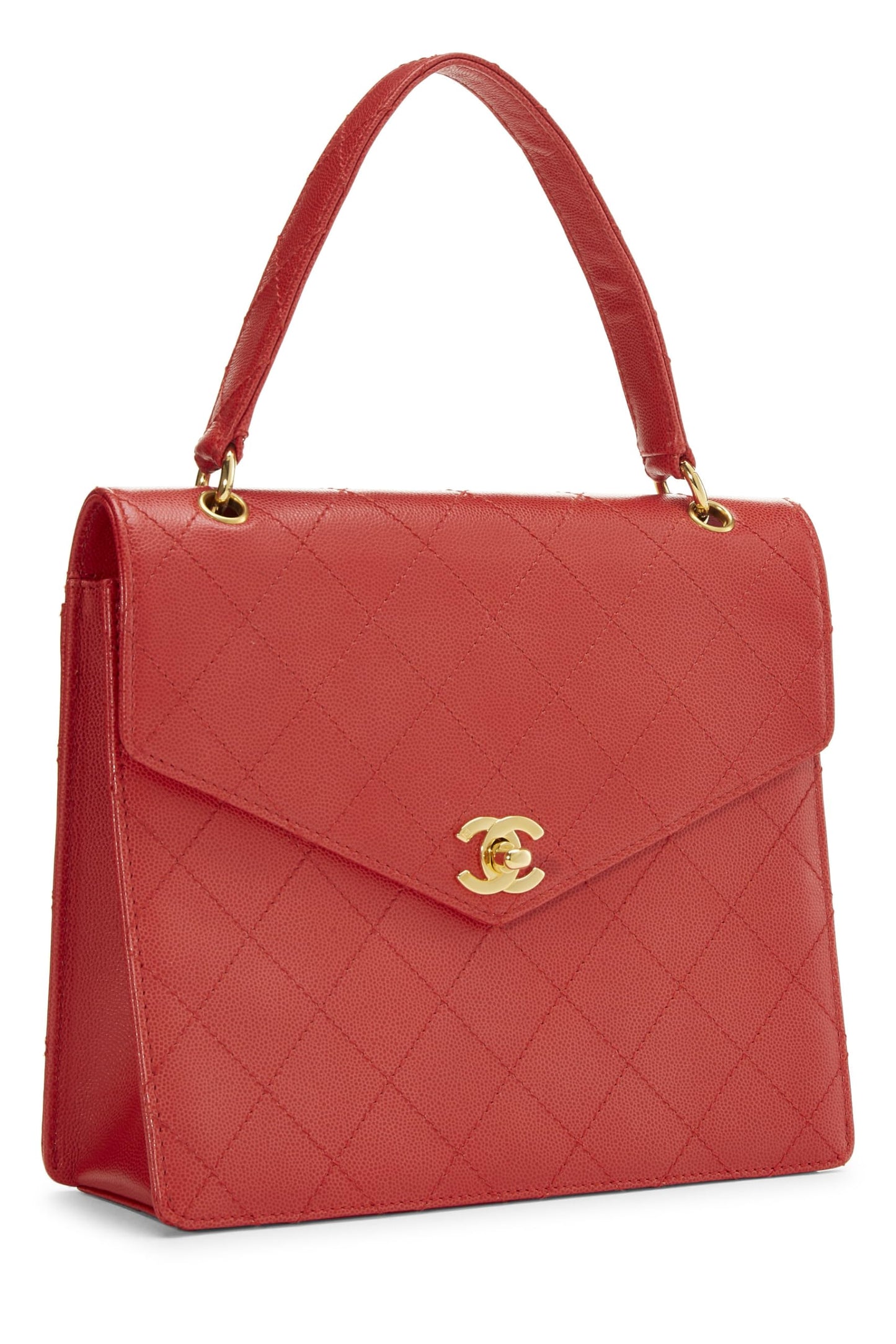 Chanel,  Red Quilted Caviar Envelope Flap Top Handle Bag, Red