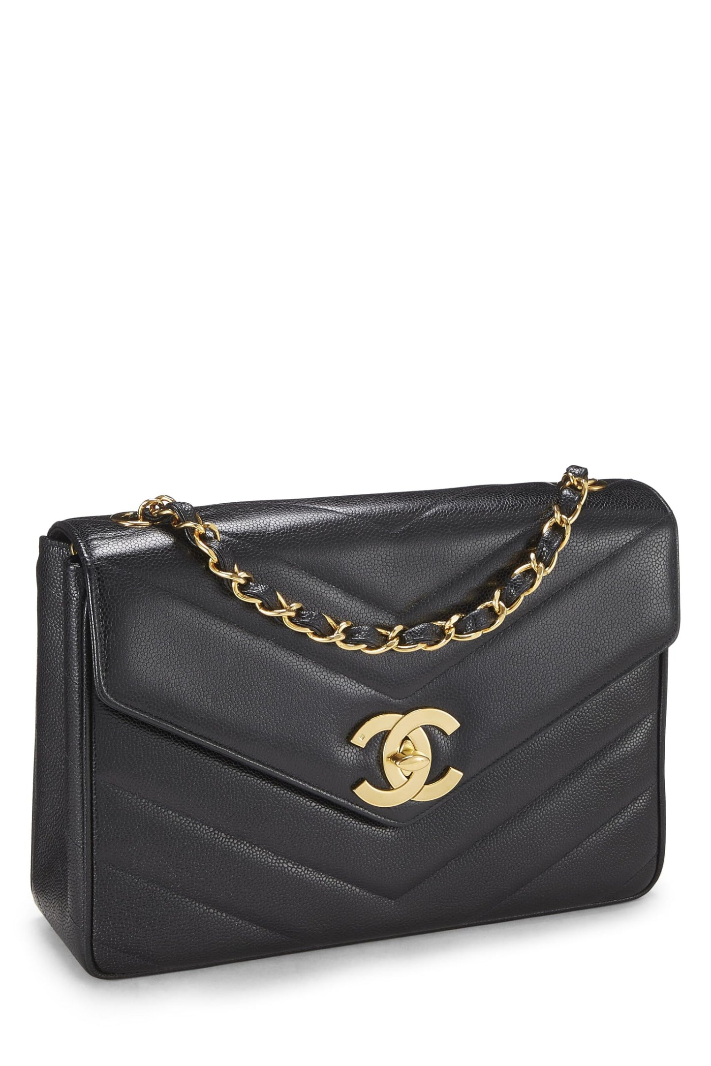 Chanel,  Black Caviar Chevron Envelope Flap Jumbo, Black