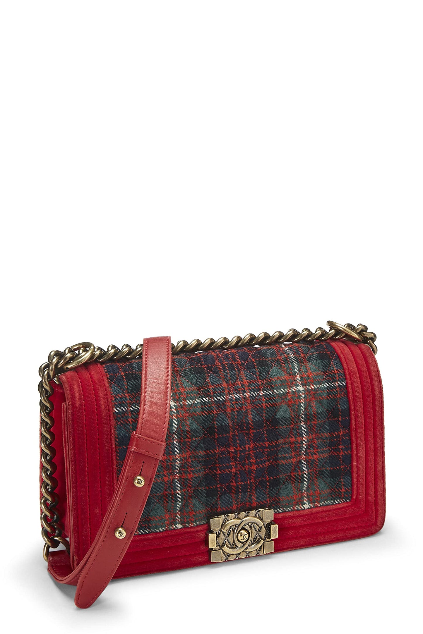 Chanel,  Paris-Edinburgh Red Tartan Velvet Boy Bag Medium, Red