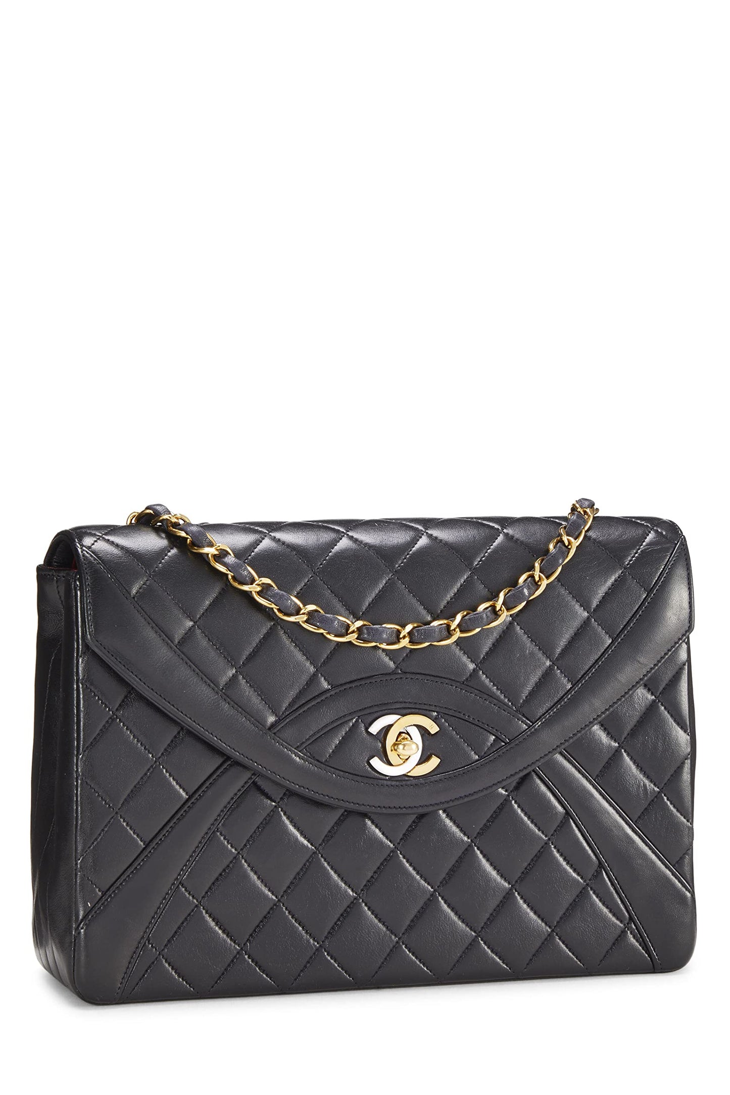 Chanel,  Black Quilted Lambskin Paris Limited Curved Flap Medium , Black