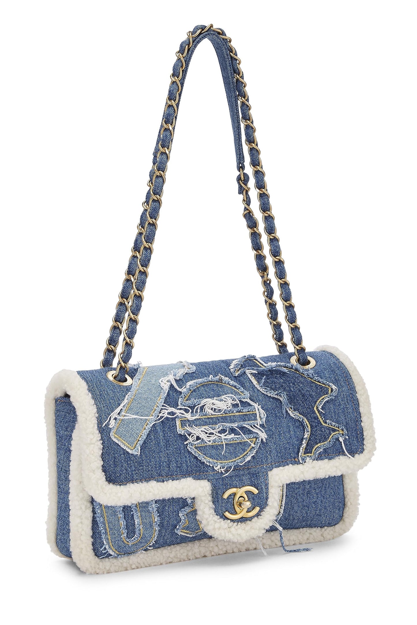 Chanel,  Paris-Egypt Blue Denim & Shearling Hieroglyph Flap Medium, Blue