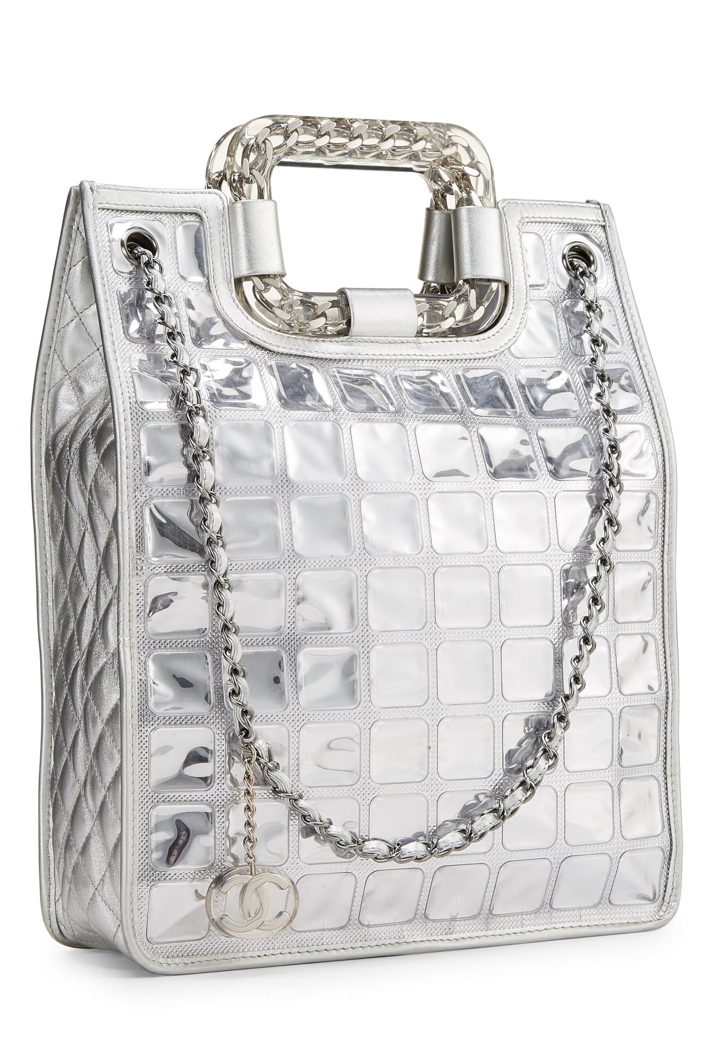 Chanel,  Metallic Silver Quilted Leather Ice Cube Shopping Tote, Silver