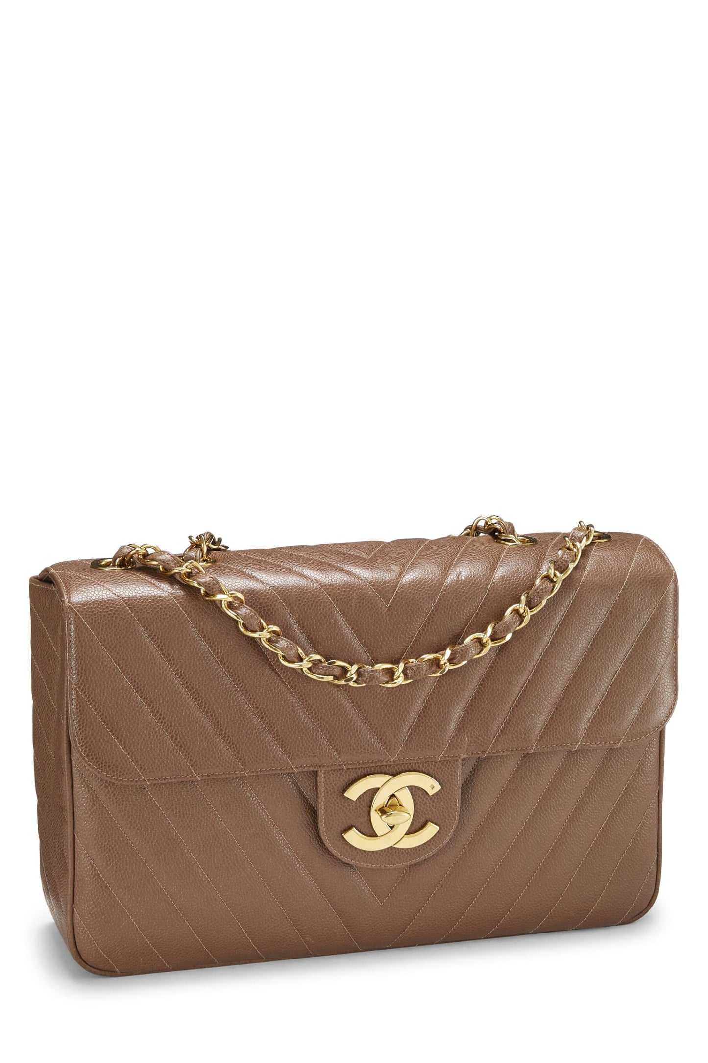 Chanel,  Brown Chevron Caviar Half Flap Maxi, Brown