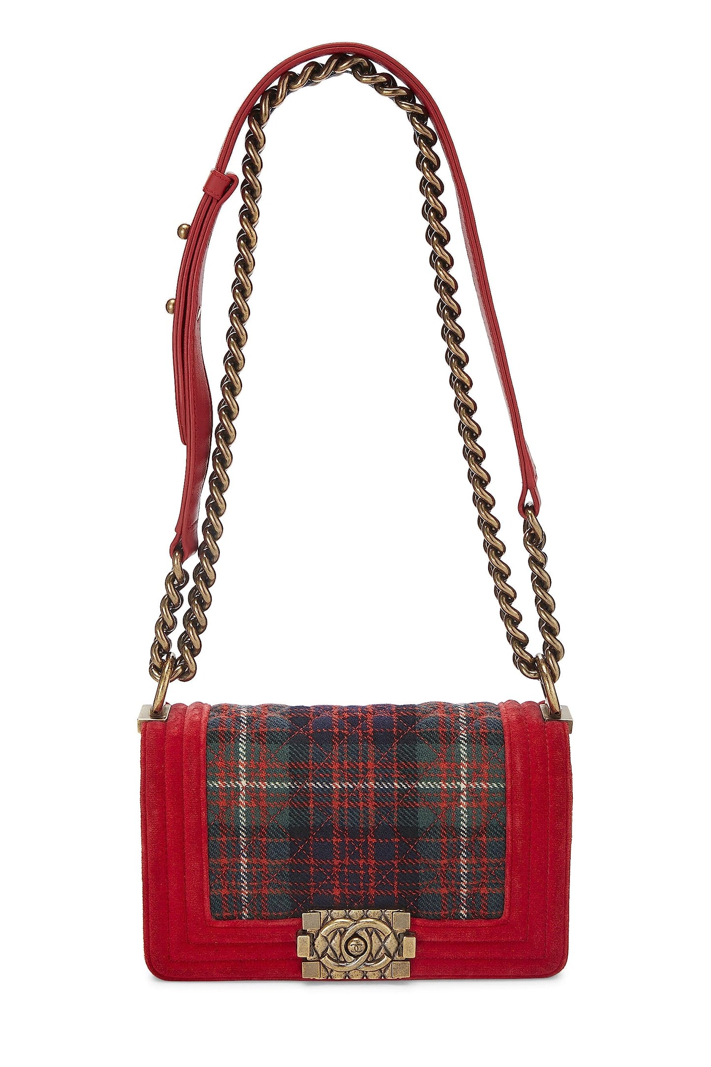 Chanel,  Paris-Edinburgh Red Tartan Velvet Boy Bag Small, Red