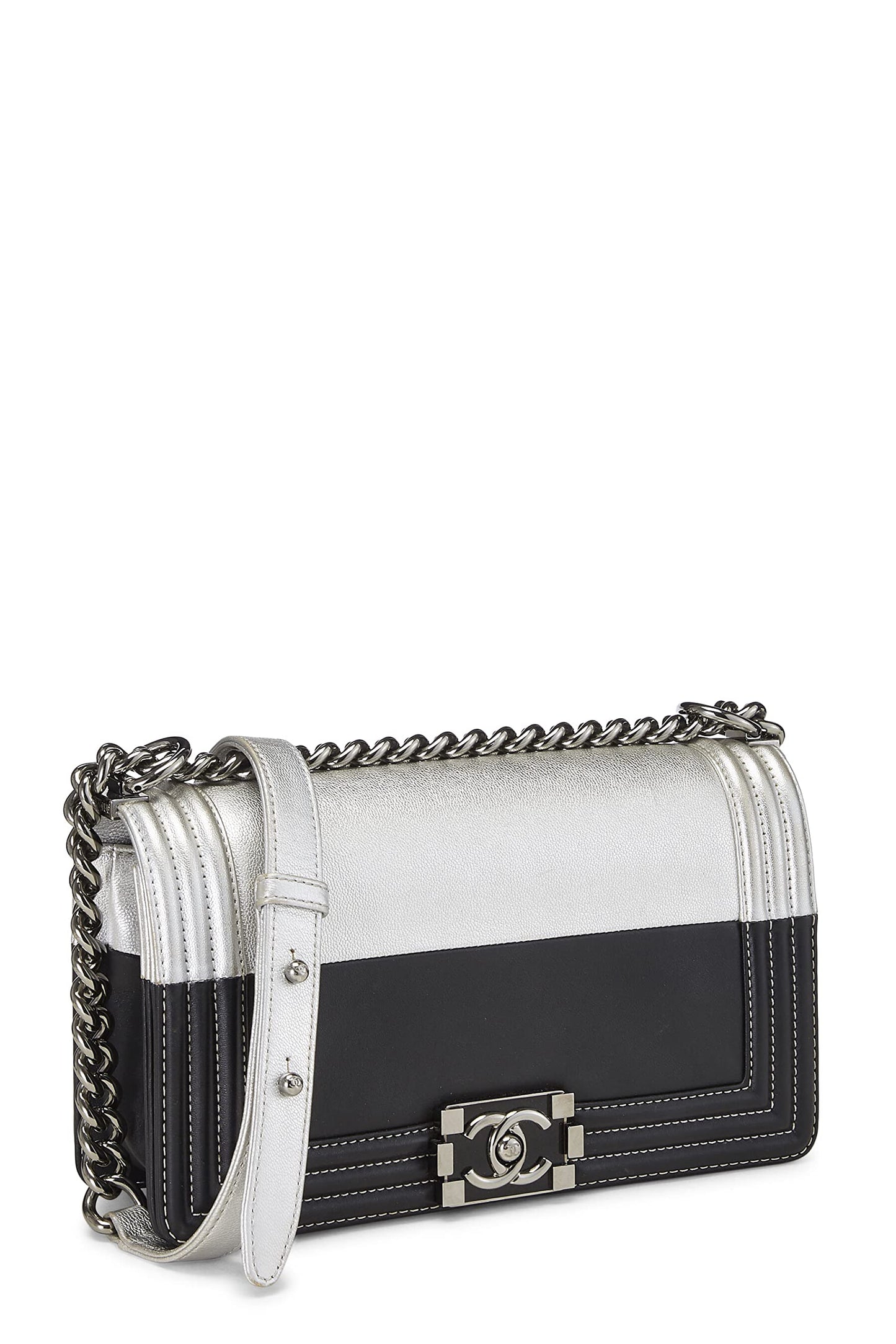 Chanel,  Black & Metallic Silver Bi-Color Calfskin Boy Bag Medium, Multi