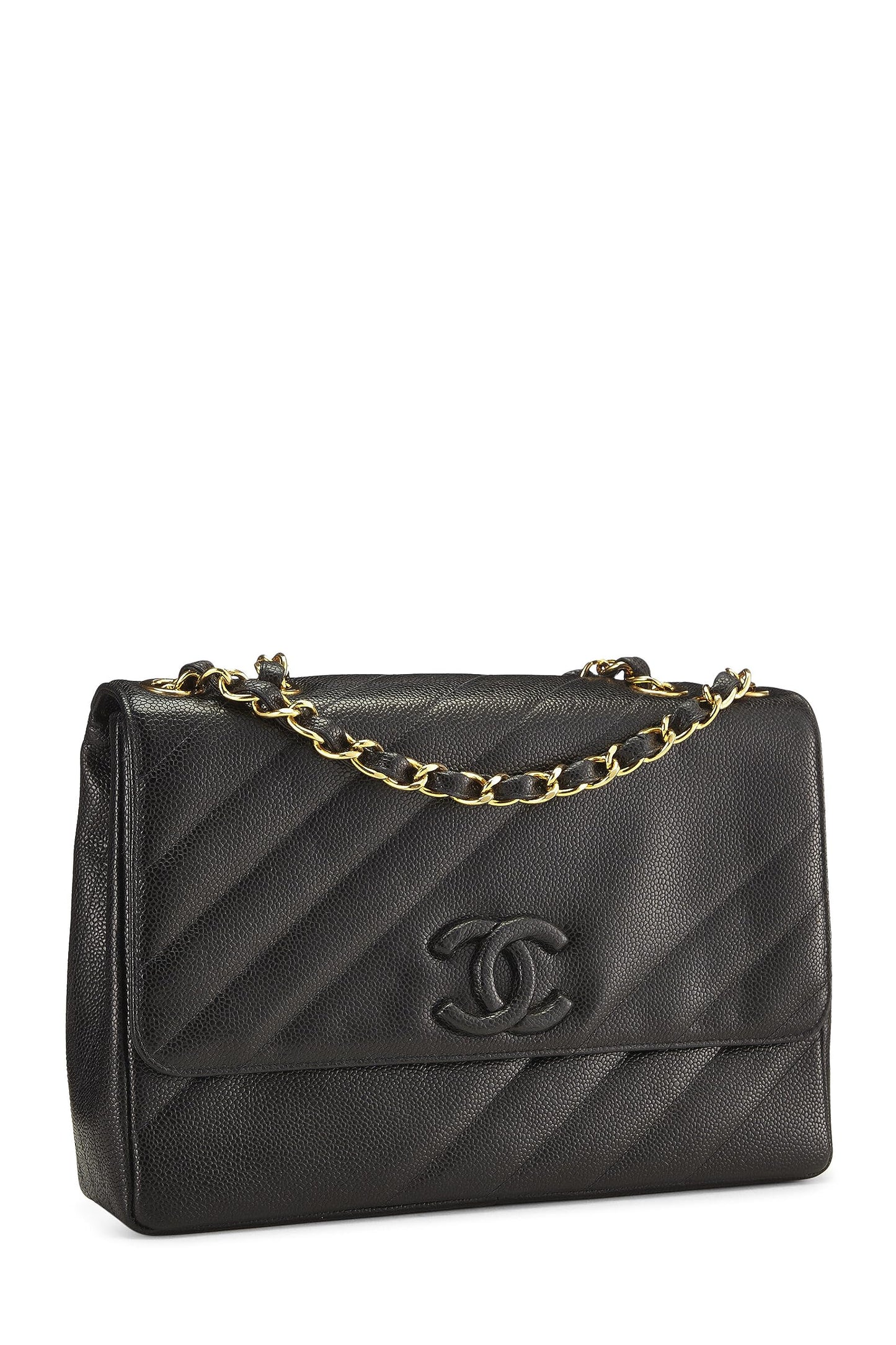 Chanel,  Black Caviar Diagonal Flap Jumbo, Black