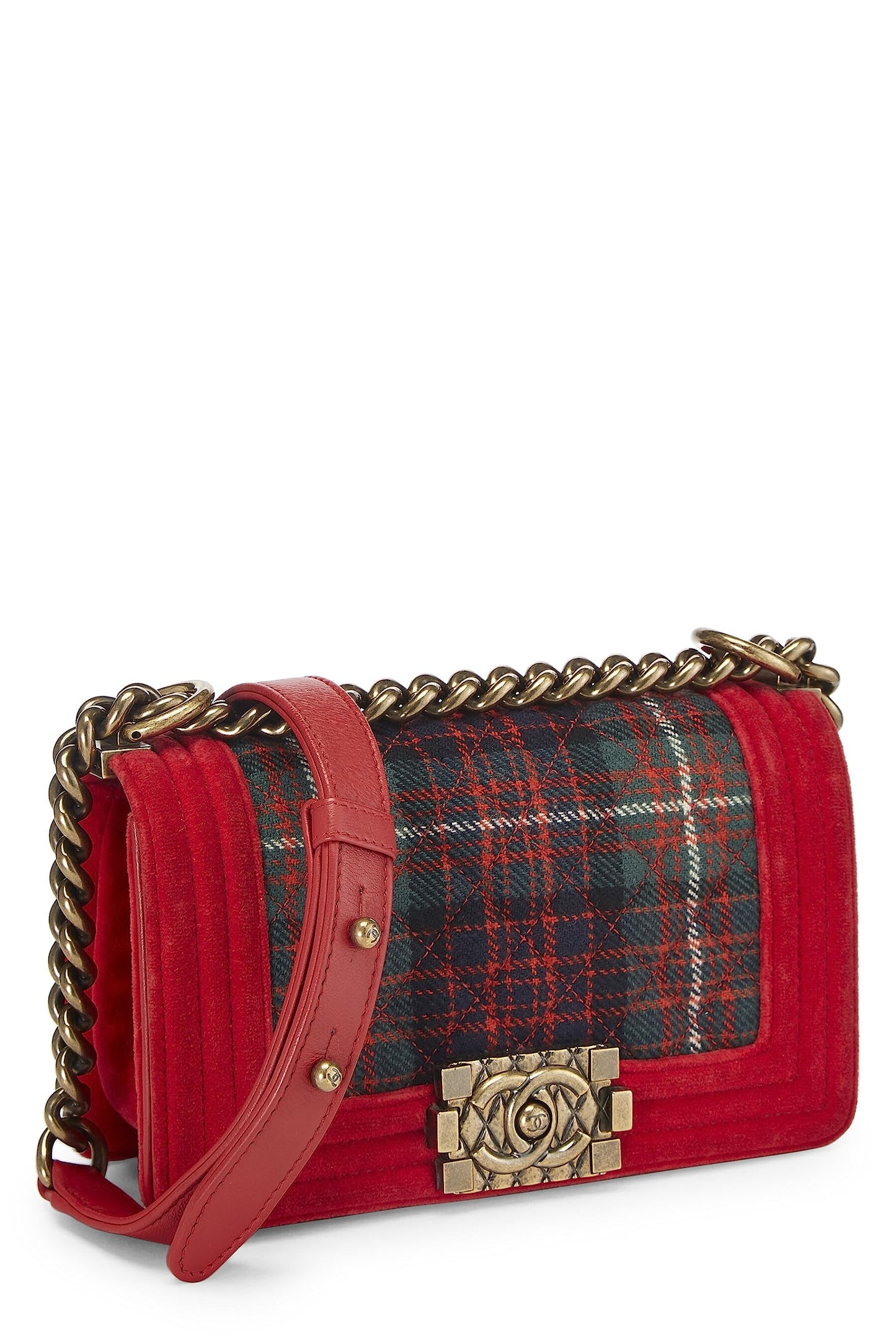 Chanel,  Paris-Edinburgh Red Tartan Velvet Boy Bag Small, Red