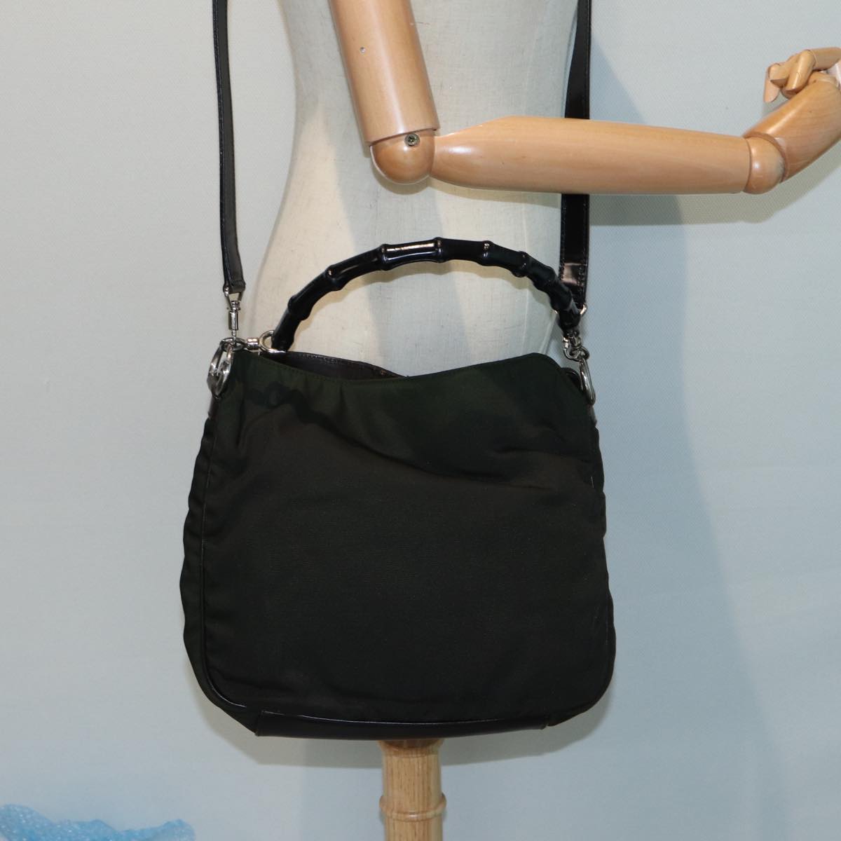 GUCCI Bamboo Hand Bag Nylon 2way Khaki 001 1638 82192