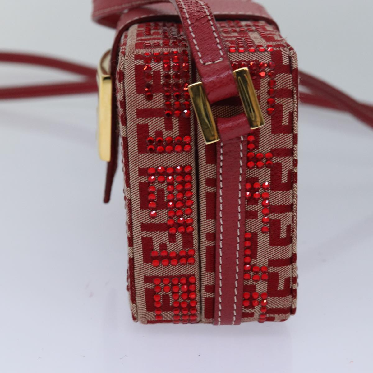 FENDI Mamma Baguette Shoulder Bag Beads Zucchino Canvas Red 82244