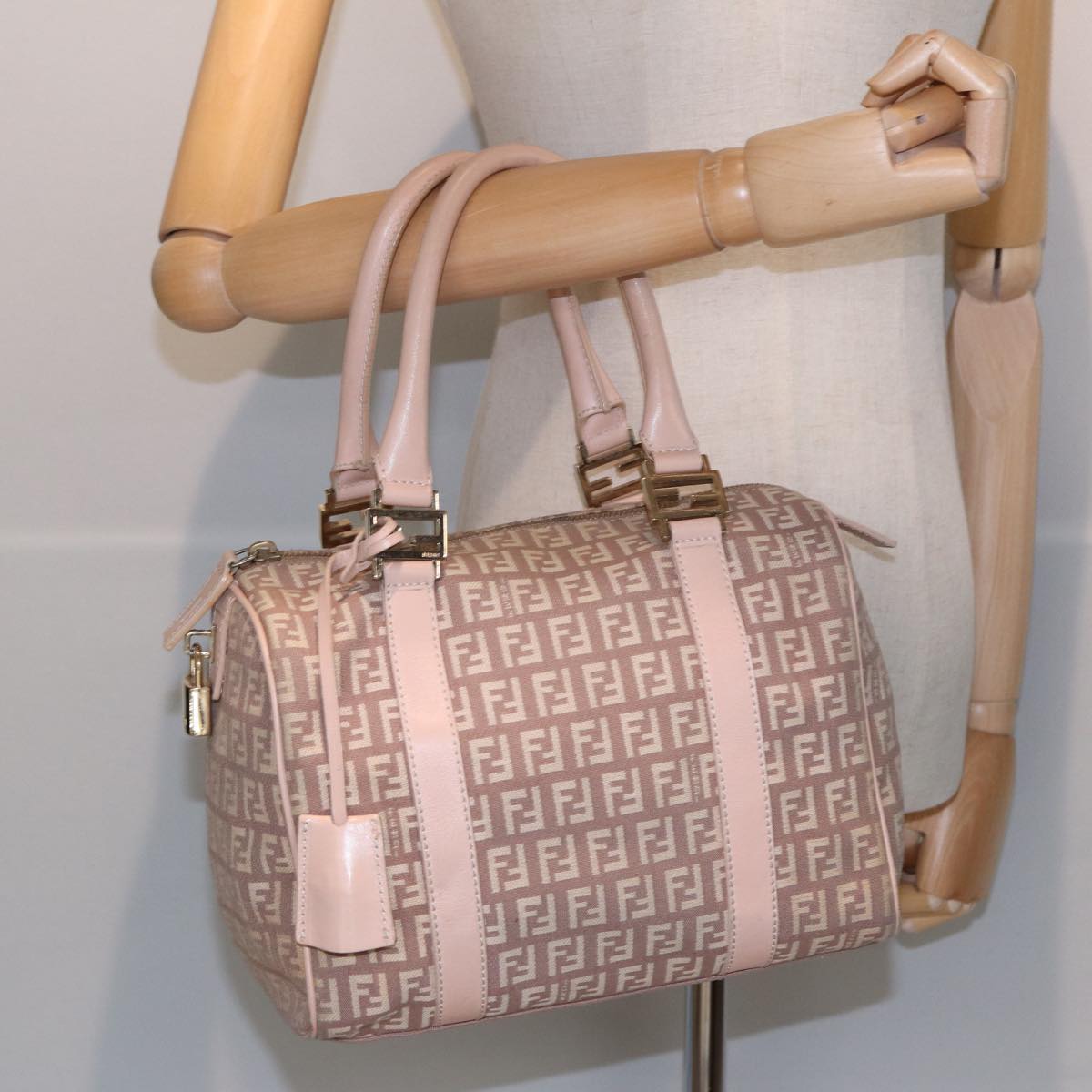 FENDI Zucchino Canvas Mini Boston Bag Pink 82685
