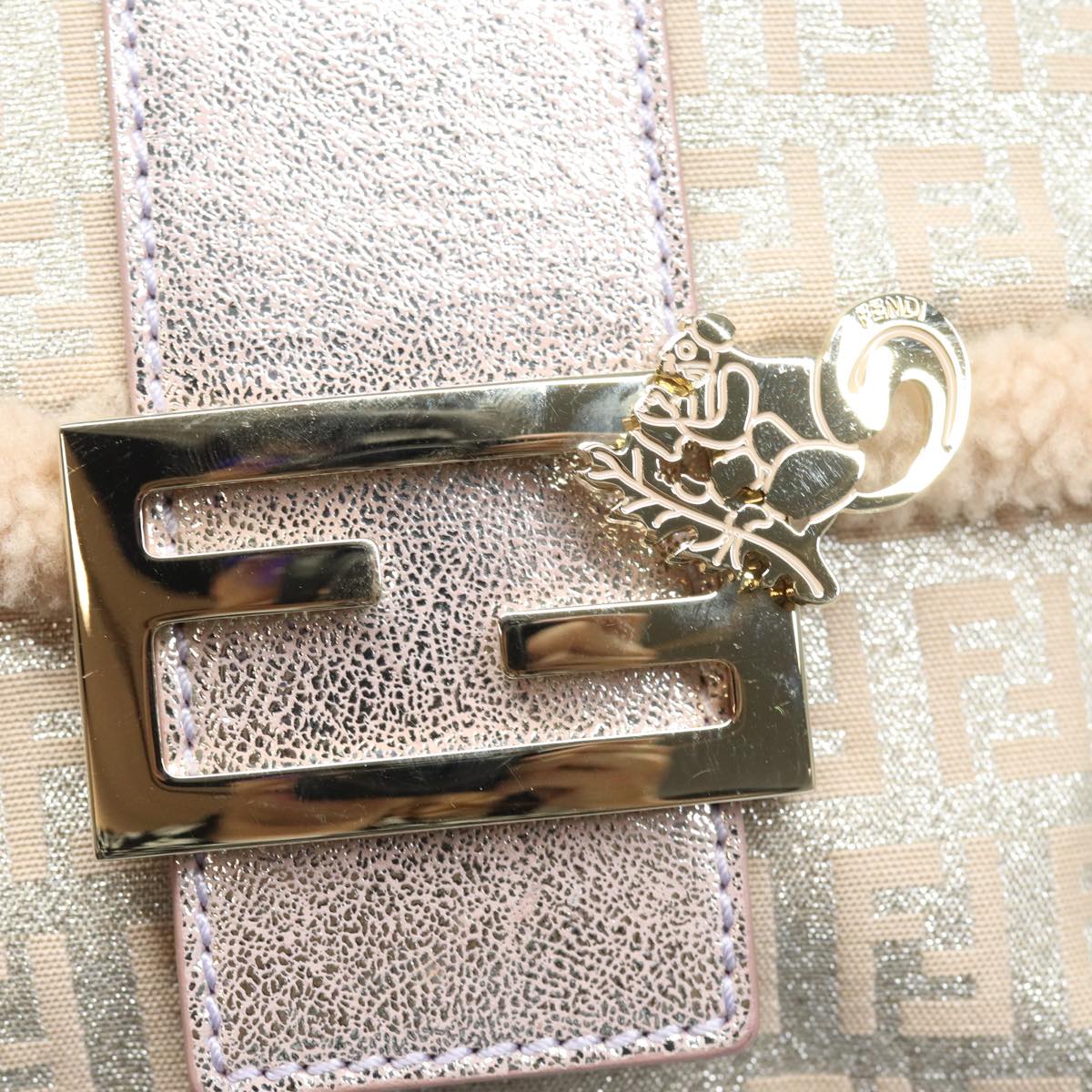 FENDI Zucchino Canvas Shoulder Bag Beige Pink Silver 82744