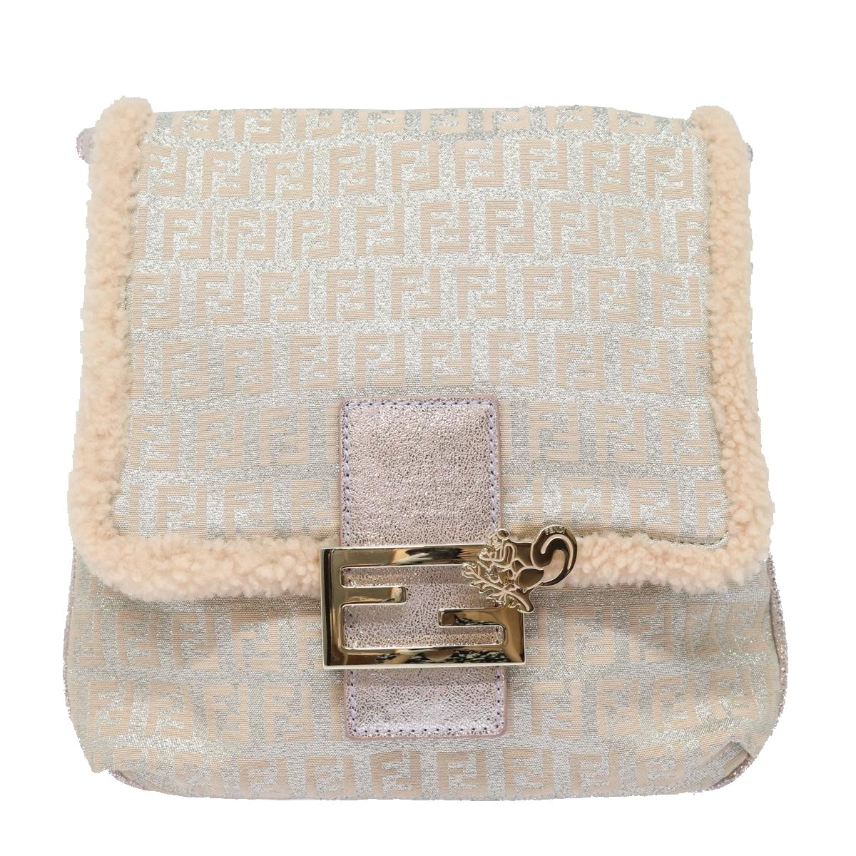 FENDI Zucchino Canvas Shoulder Bag Beige Pink Silver 82744