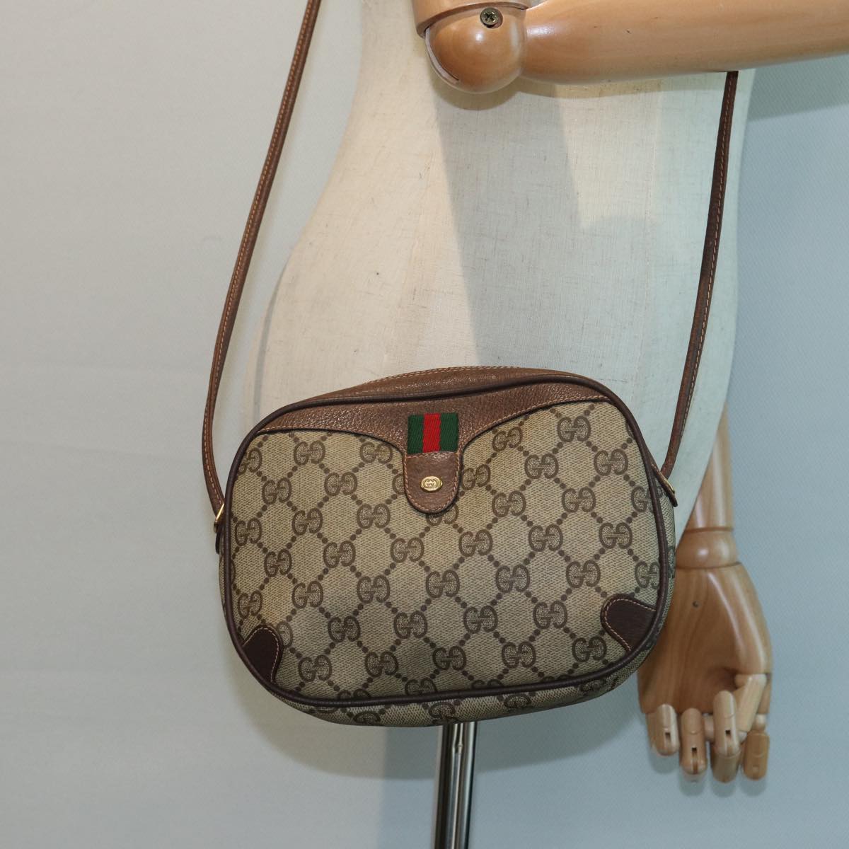 GUCCI GG Canvas Web Sherry Line Shoulder Bag PVC Leather Beige 83133