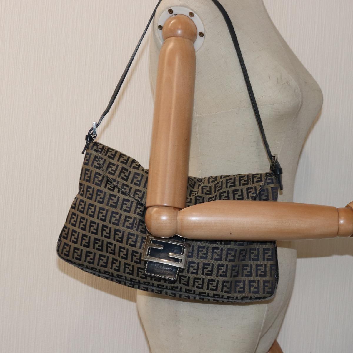 FENDI Zucchino Canvas Mamma Baguette Shoulder Bag Navy 83213