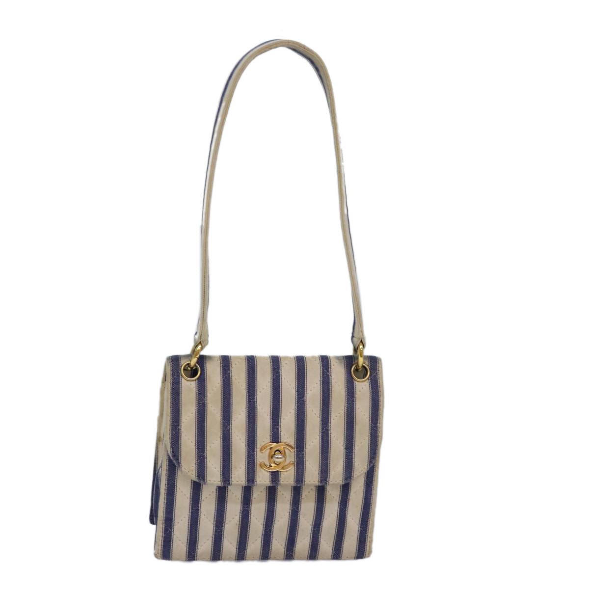 CHANEL Turn Lock Shoulder Bag Canvas Blue CC 83375