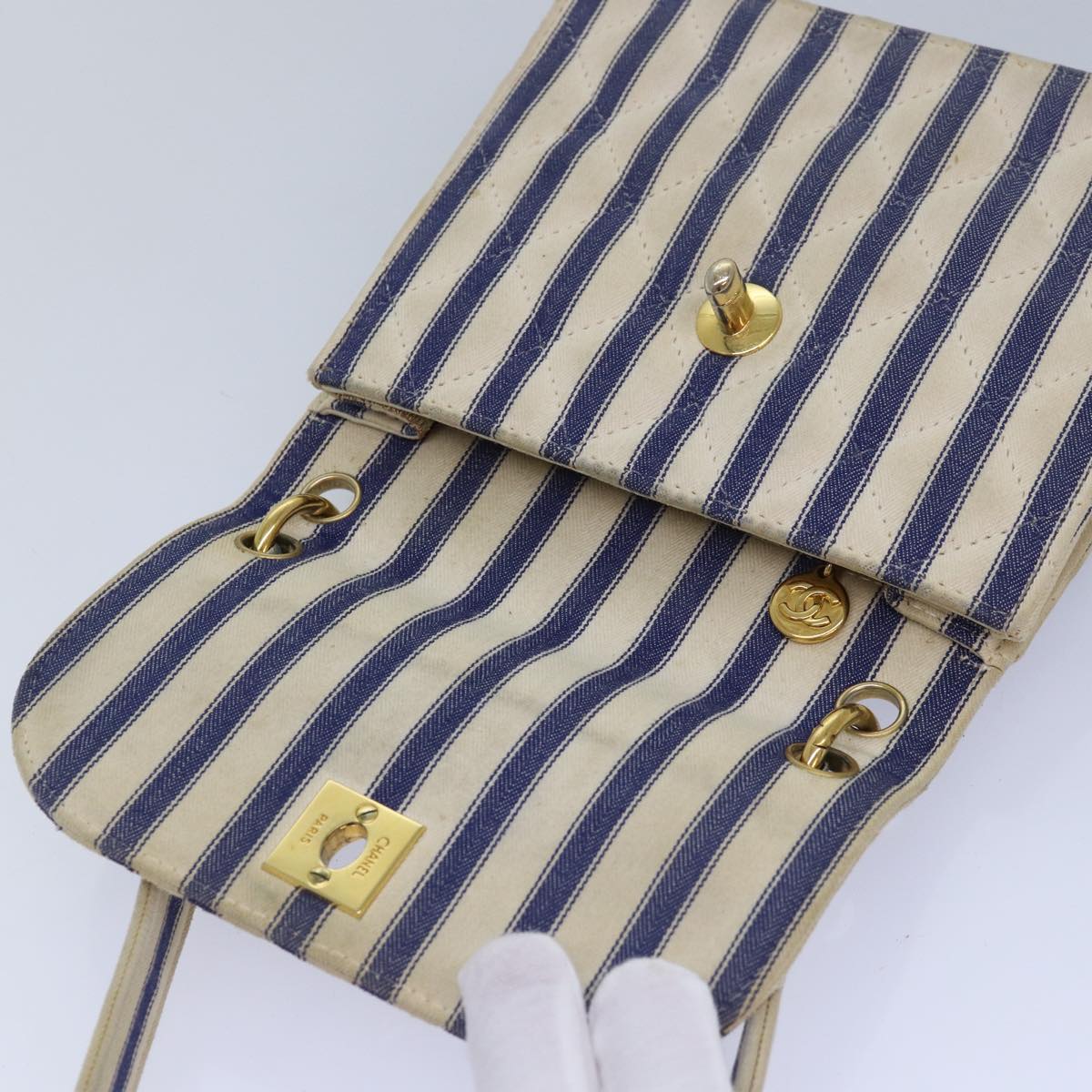 CHANEL Turn Lock Shoulder Bag Canvas Blue CC 83375