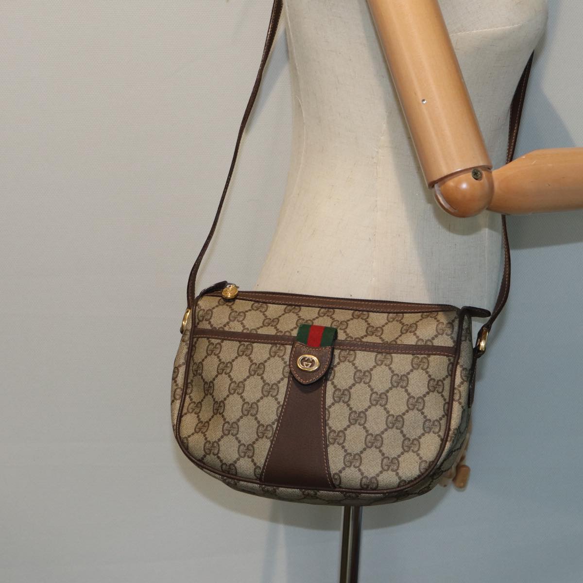 GUCCI GG canvas Web Sherry Line Shoulder Bag PVC Leather Beige 83475