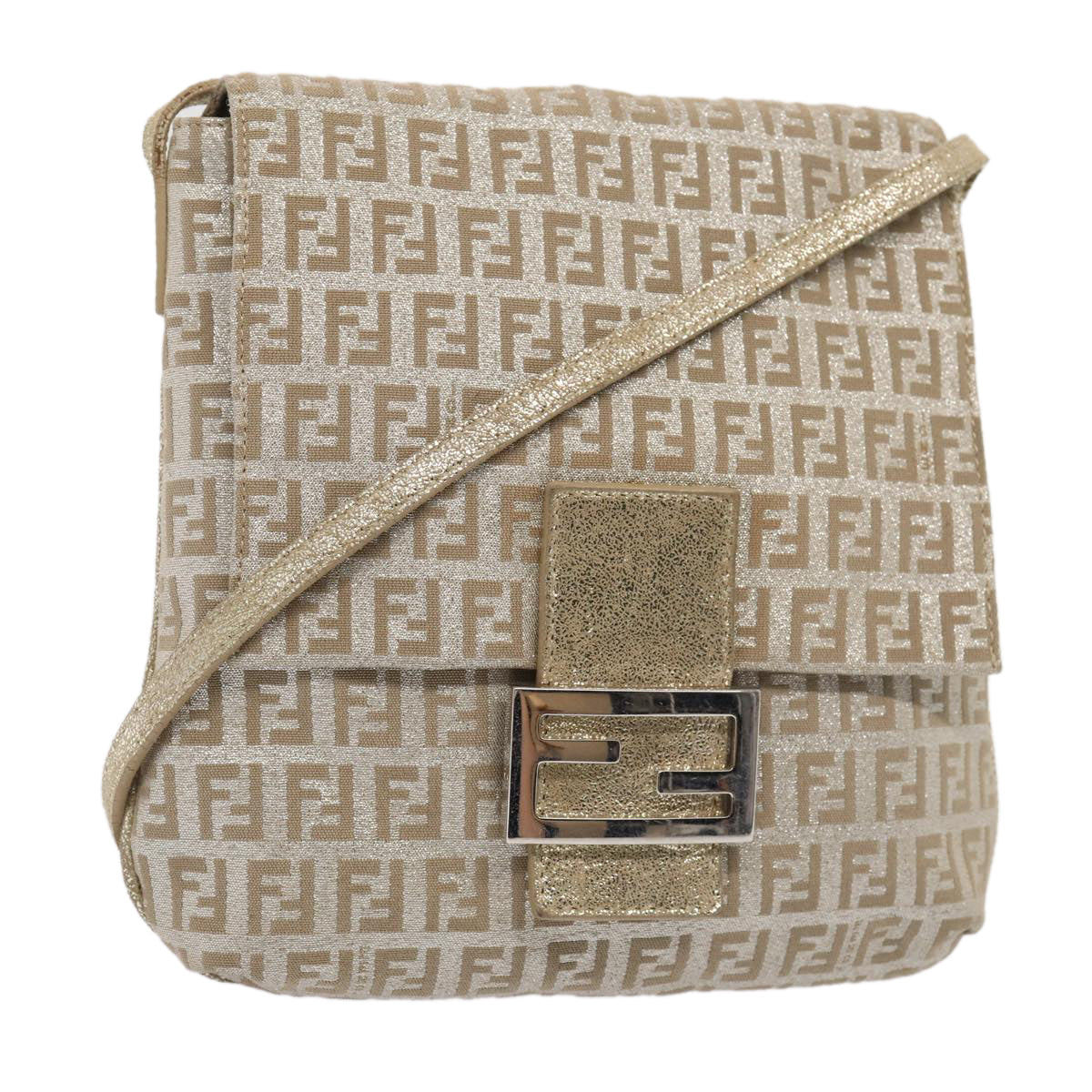 FENDI Zucchino Canvas Shoulder Bag Silver 83685