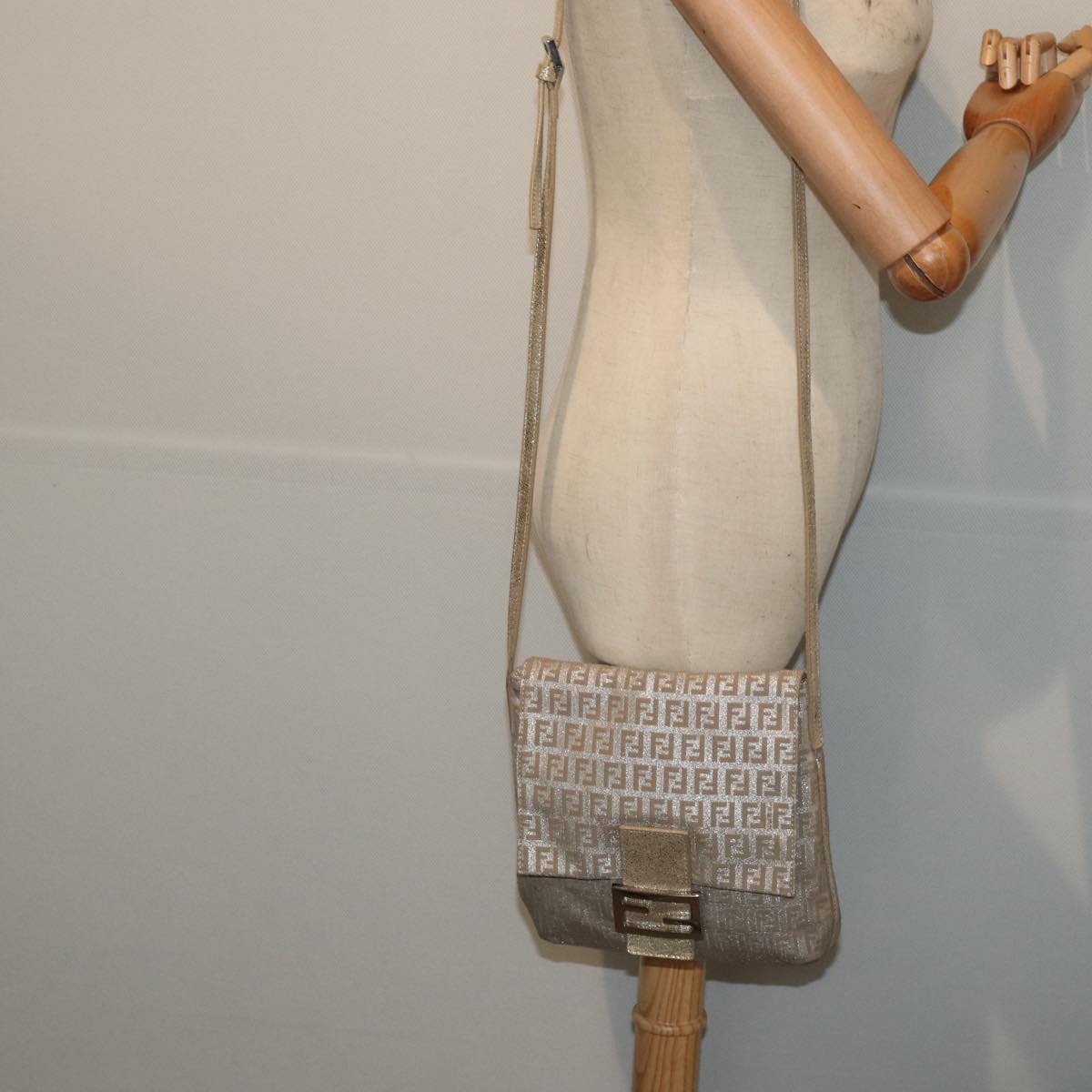 FENDI Zucchino Canvas Shoulder Bag Silver 83685