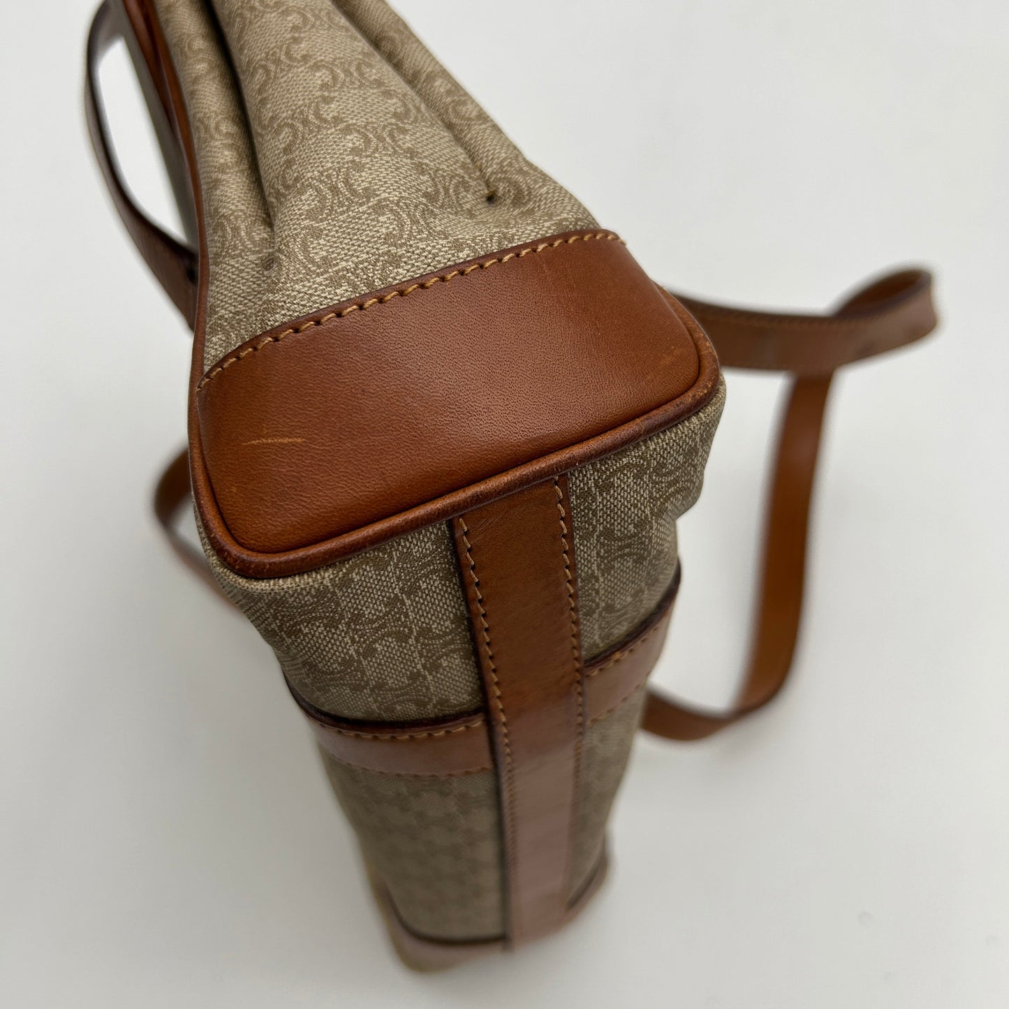 Celine Macadam Beige Brown Canvas Leather Handbag Medium