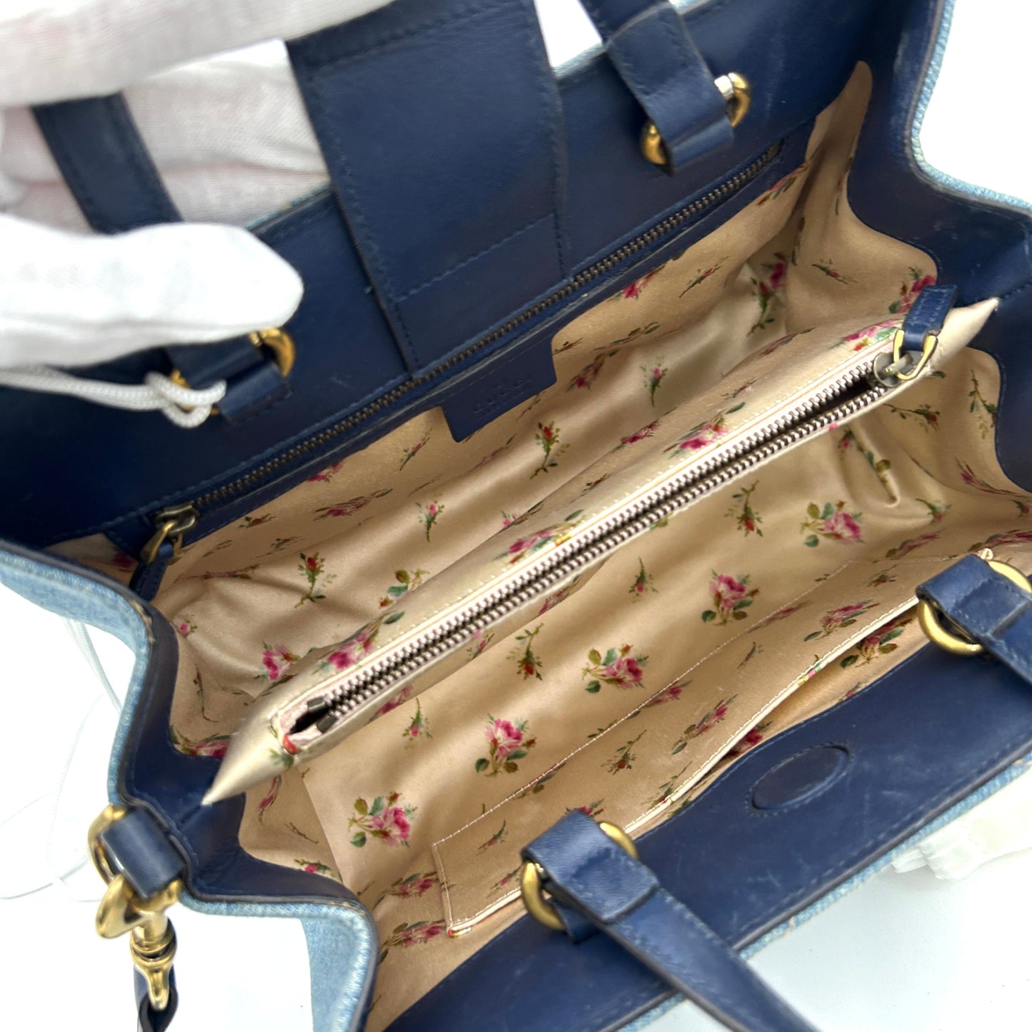 Gucci Denim Matelasse Small Pearly GG Marmont Tote Blue LA26996