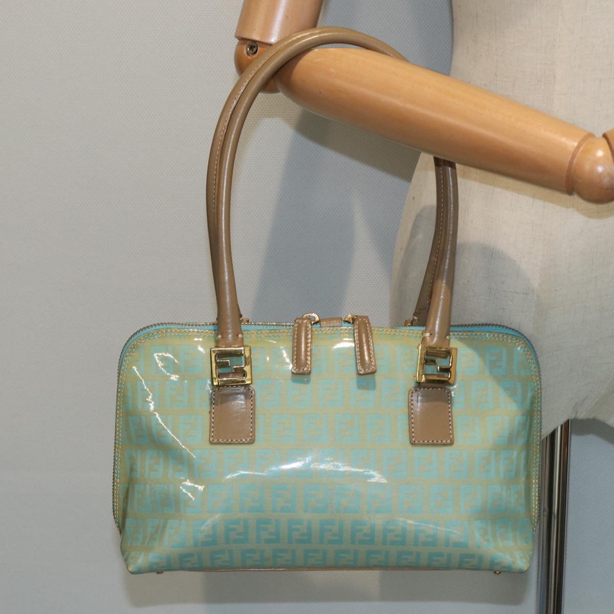 FENDI Zucchino Canvas Shoulder Bag Enamel Peppermint 84217
