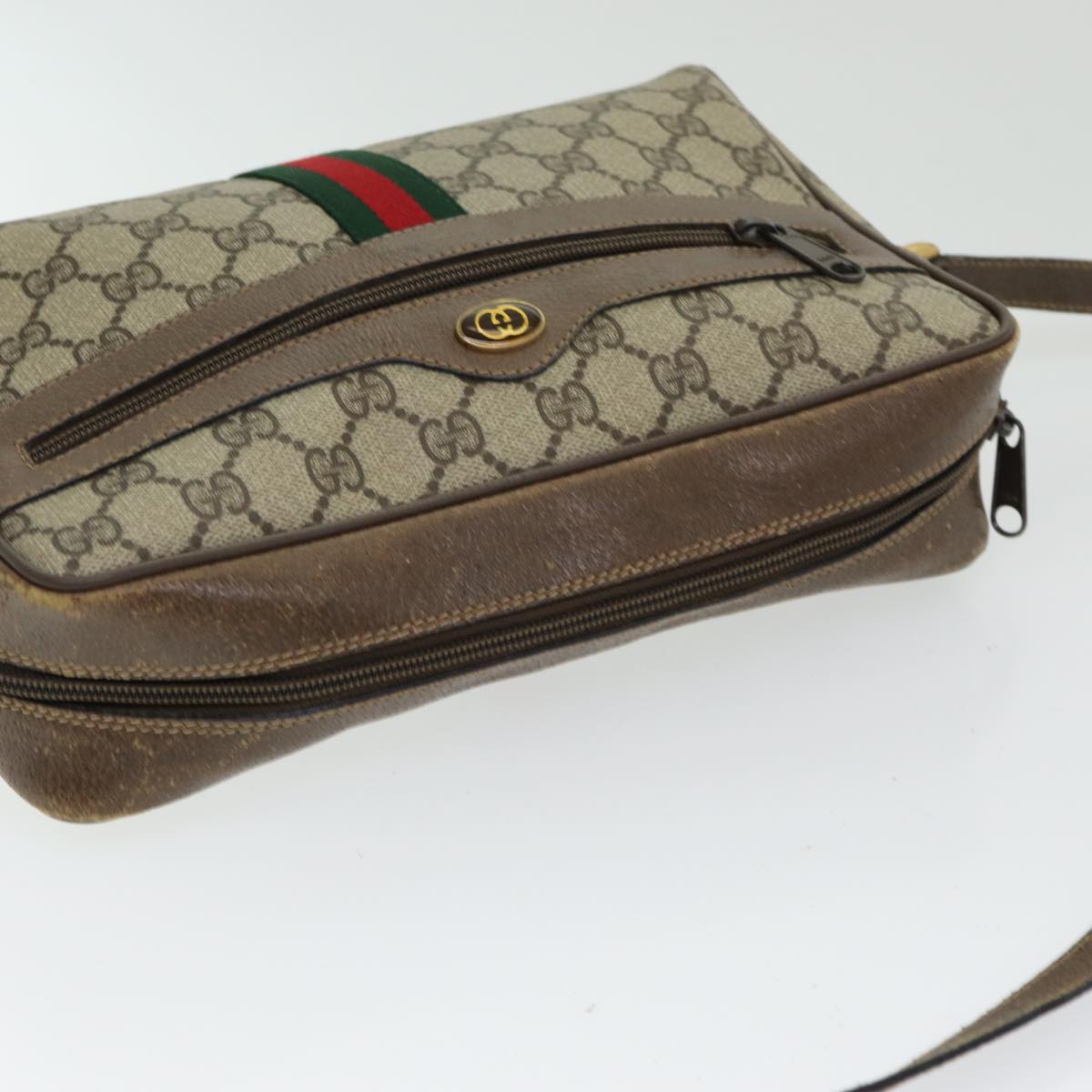 GUCCI GG Supreme Web Sherry Line Shoulder Bag PVC Leather Beige gold 84568