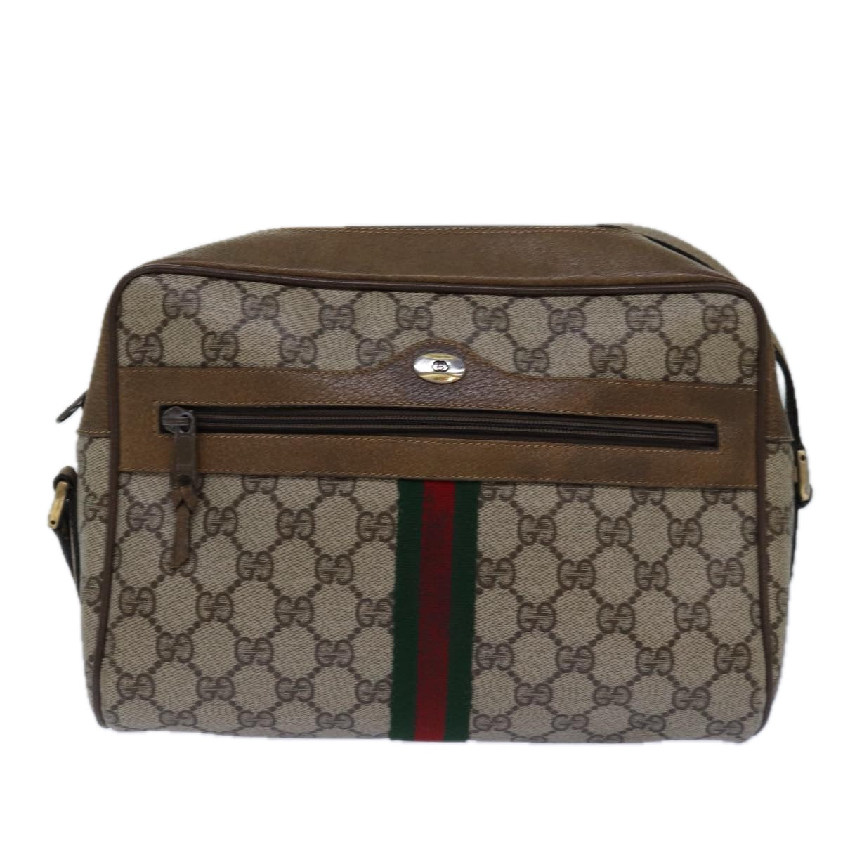 GUCCI GG Supreme Web Sherry Line Shoulder Bag PVC Beige Gold 85110