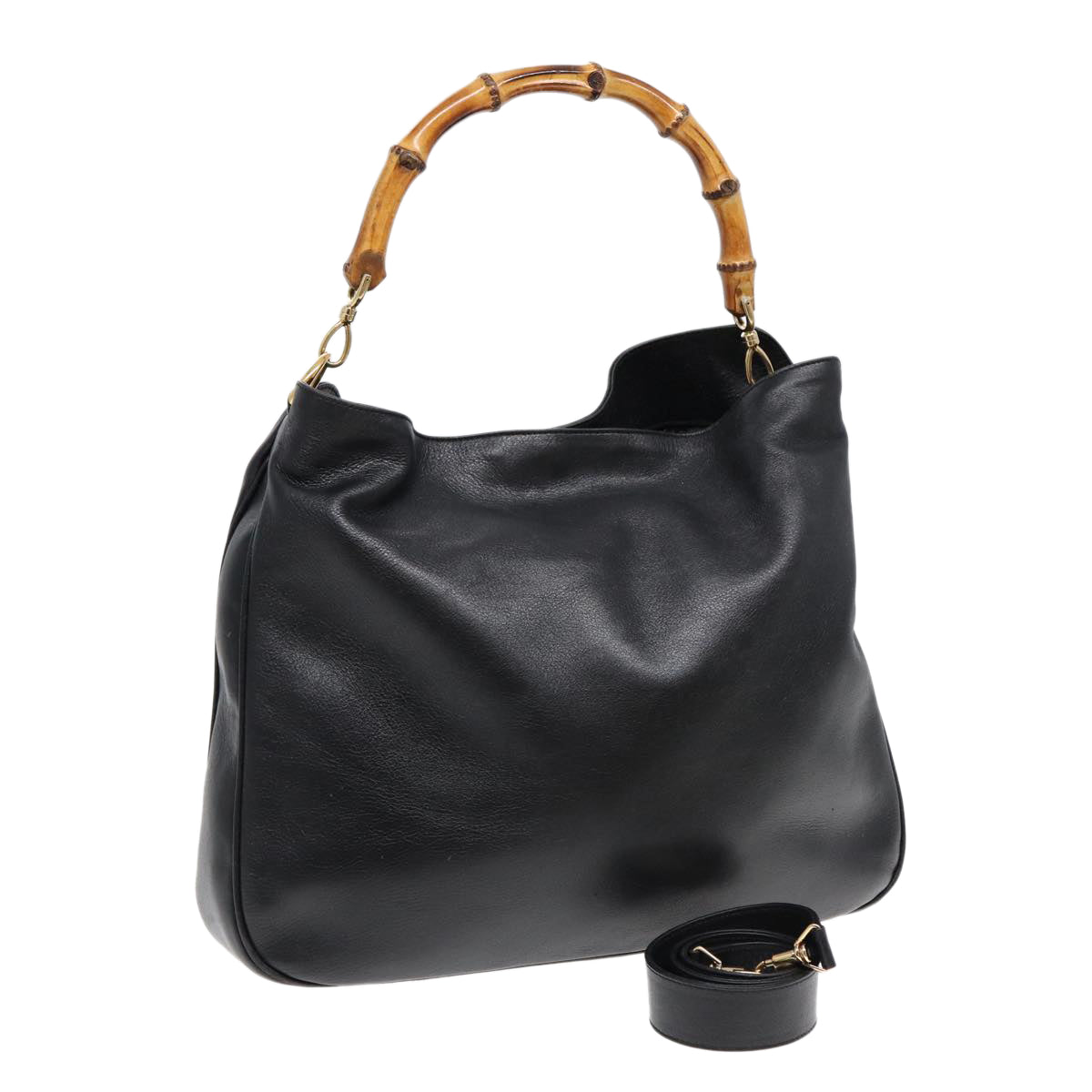 GUCCI Bamboo Hand Bag Leather 2way Black Gold 001 1998 1577 85127