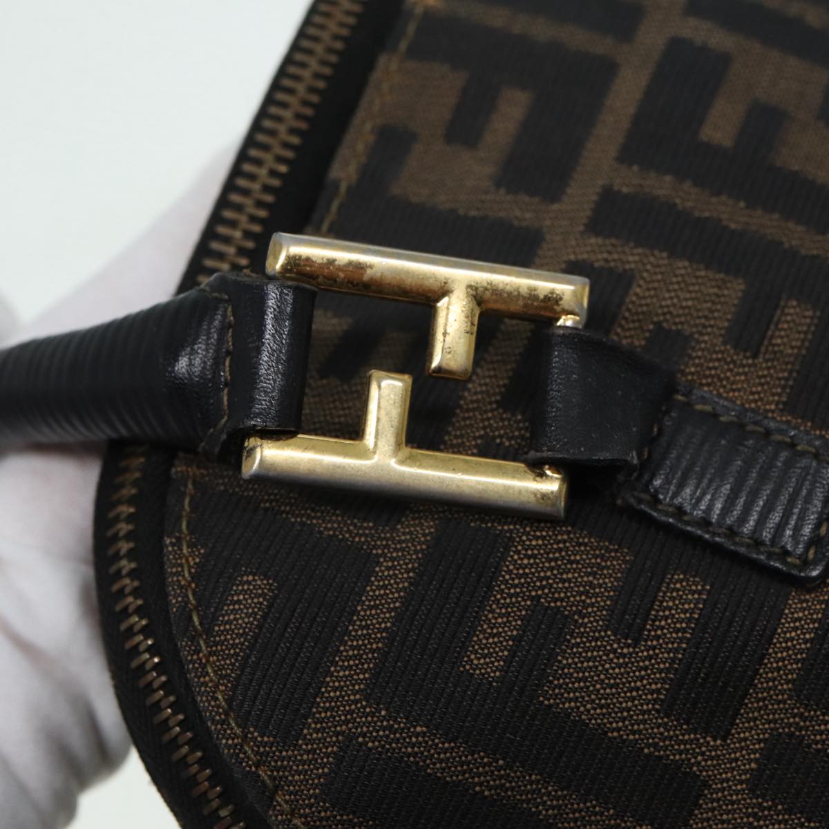 FENDI Zucca Canvas Hand Bag Brown Black gold 85463