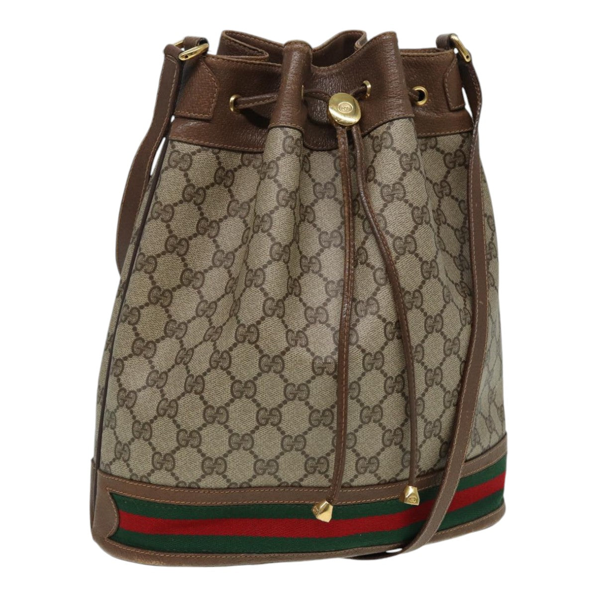 GUCCI GG Supreme Web Sherry Line Shoulder Bag PVC Beige Gold 85474