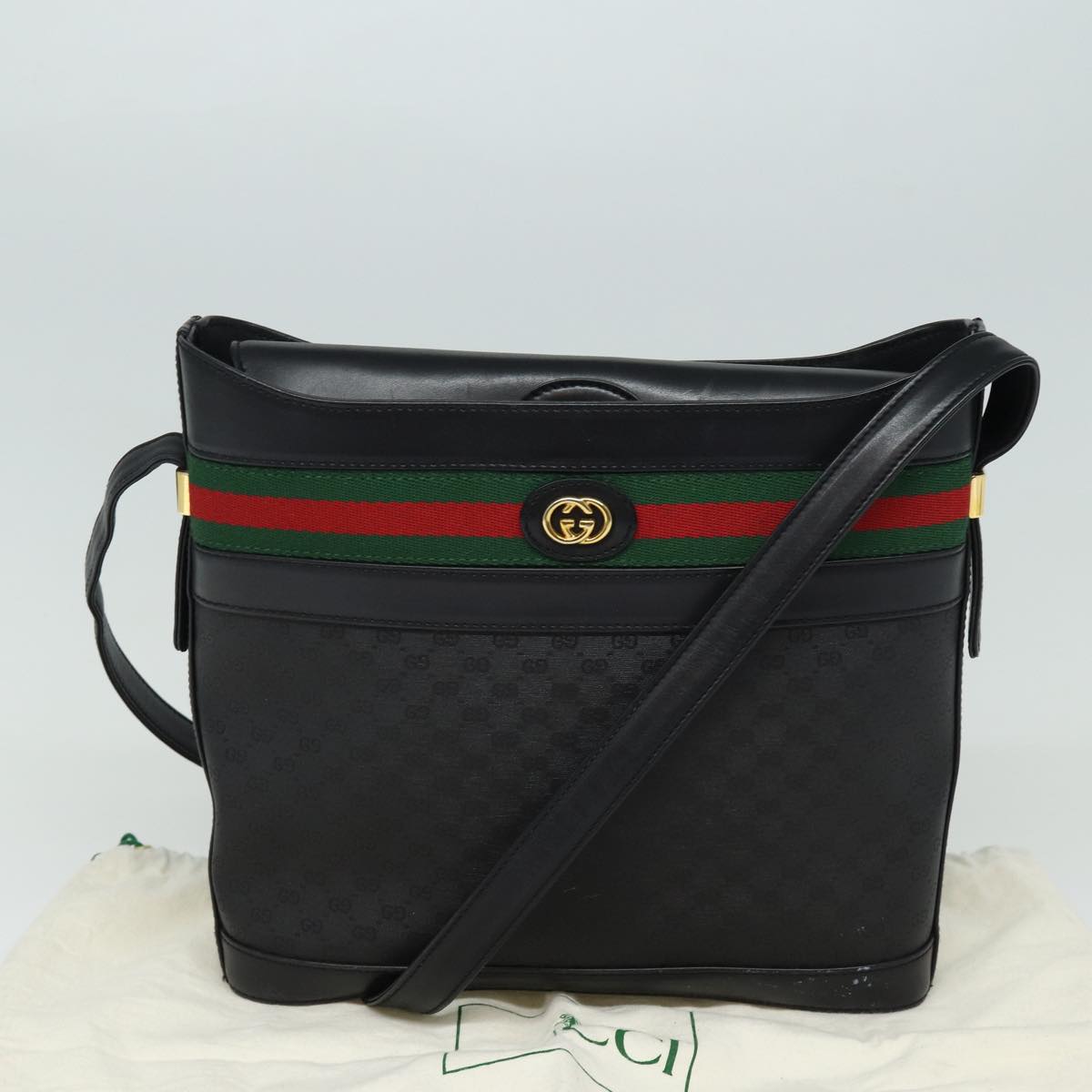 GUCCI Micro GG Supreme Web Sherry Line Shoulder Bag PVC Black Gold 85498