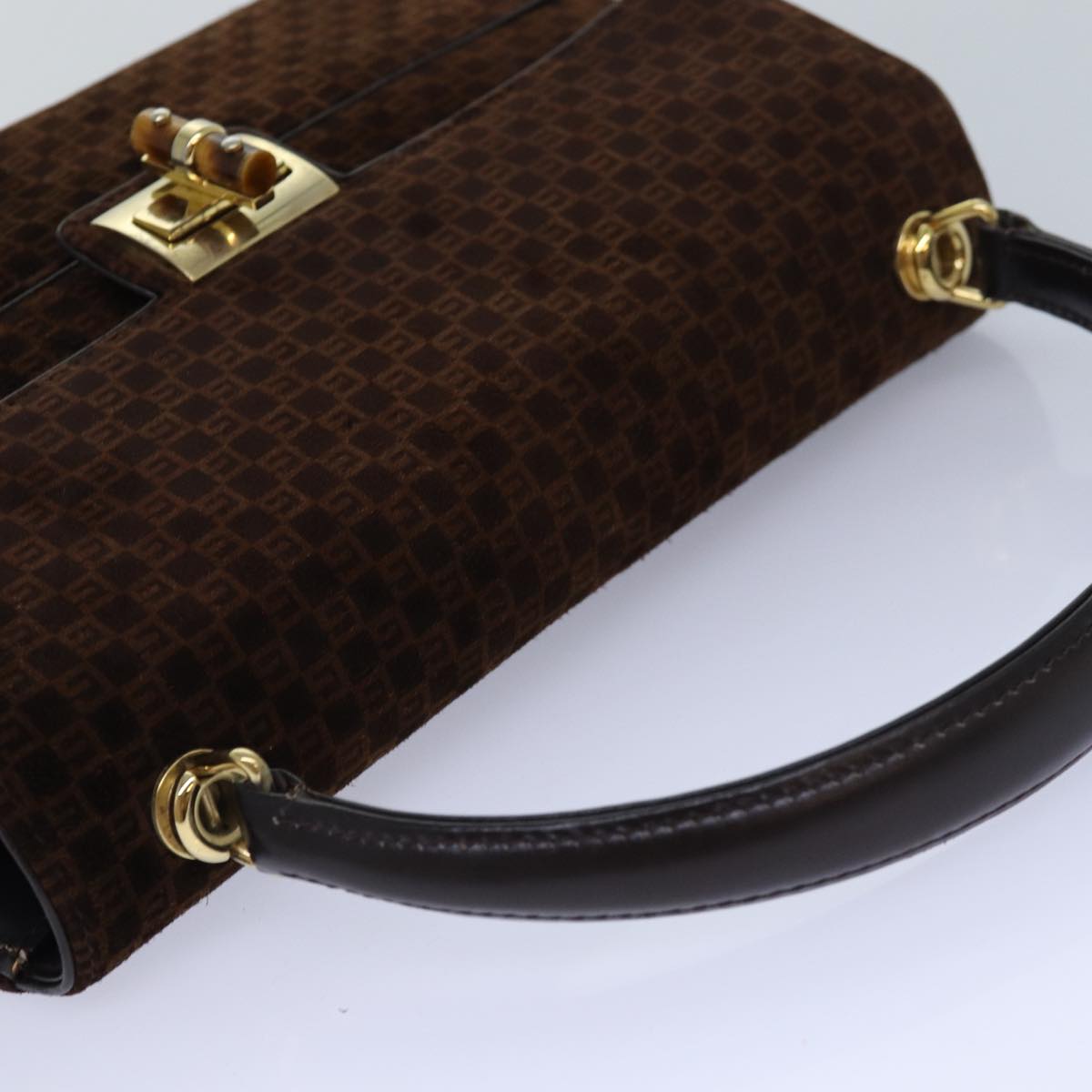 GUCCI Hand Bag Suede Brown Gold 85683