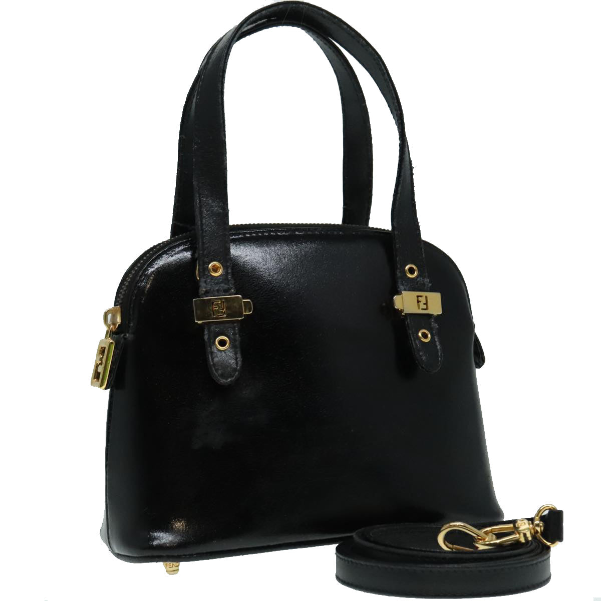 FENDI Hand Bag Leather 2way Black Gold 85768