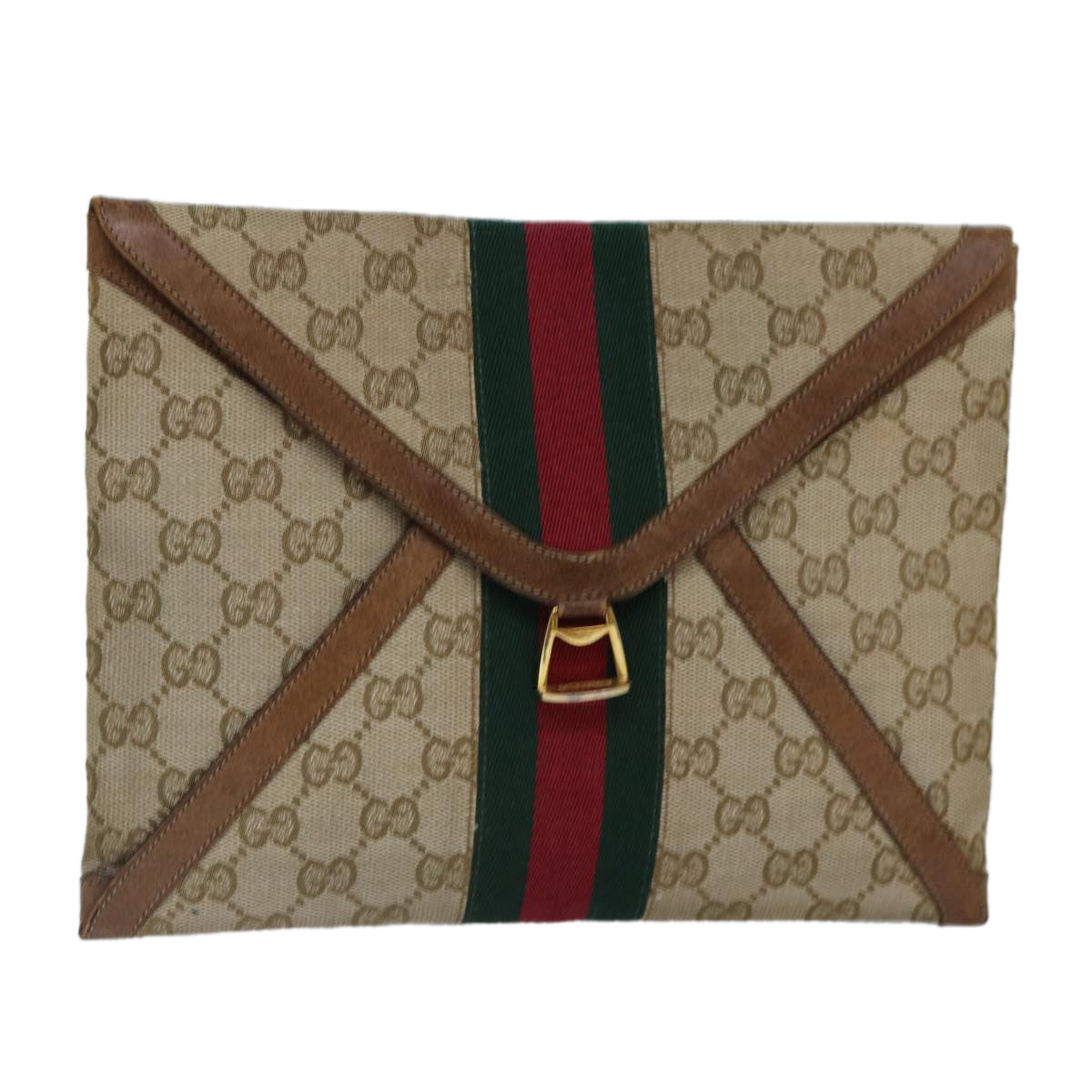 GUCCI GG Canvas Web Sherry Line Clutch Bag Beige Red gold 86042