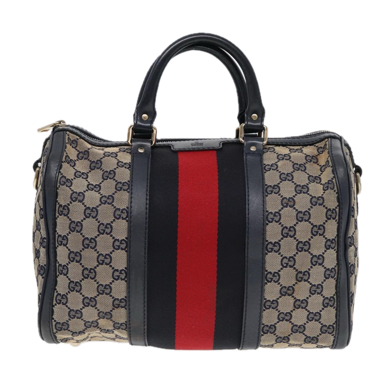 GUCCI GG Canvas Boston Bag 2way Beige Navy Silver 247205 86270