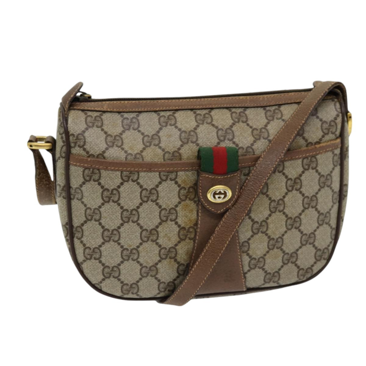 GUCCI GG Canvas Web Sherry Line Shoulder Bag PVC Beige Green Red 86406