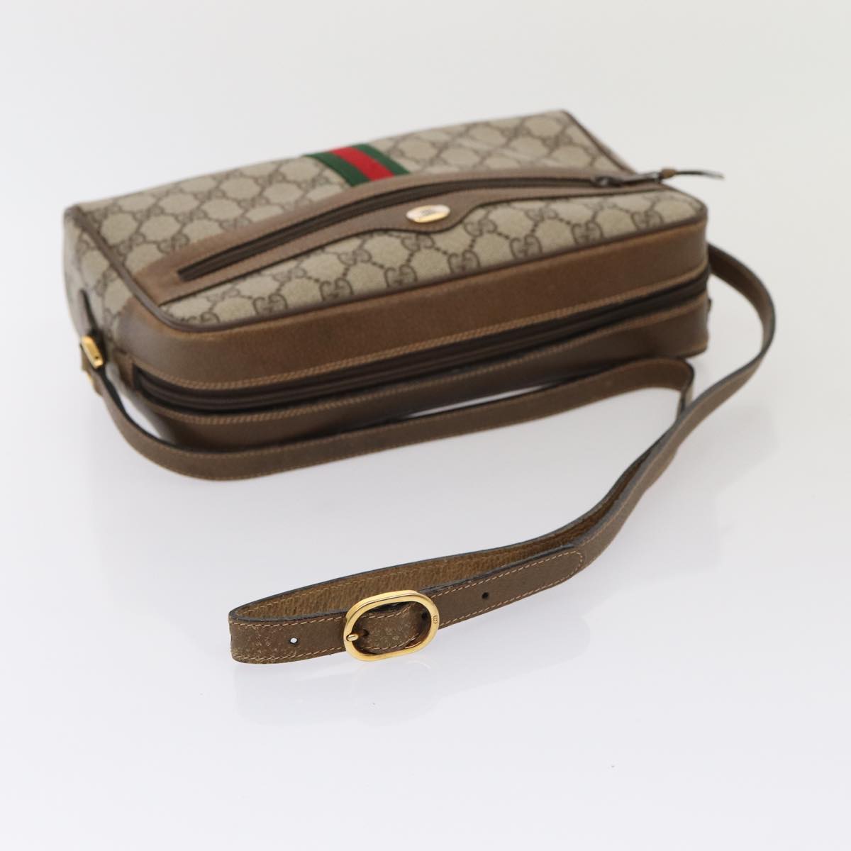 GUCCI GG Supreme Web Sherry Line Shoulder Bag PVC Beige Gold 86552
