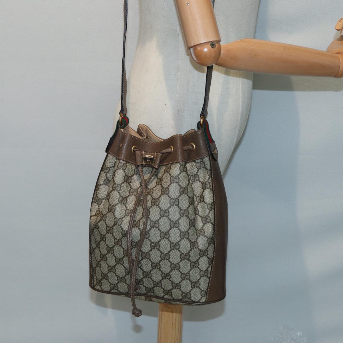 GUCCI GG Supreme Drawstring Bag Web Sherry Line Shoulder Bag PVC  86555