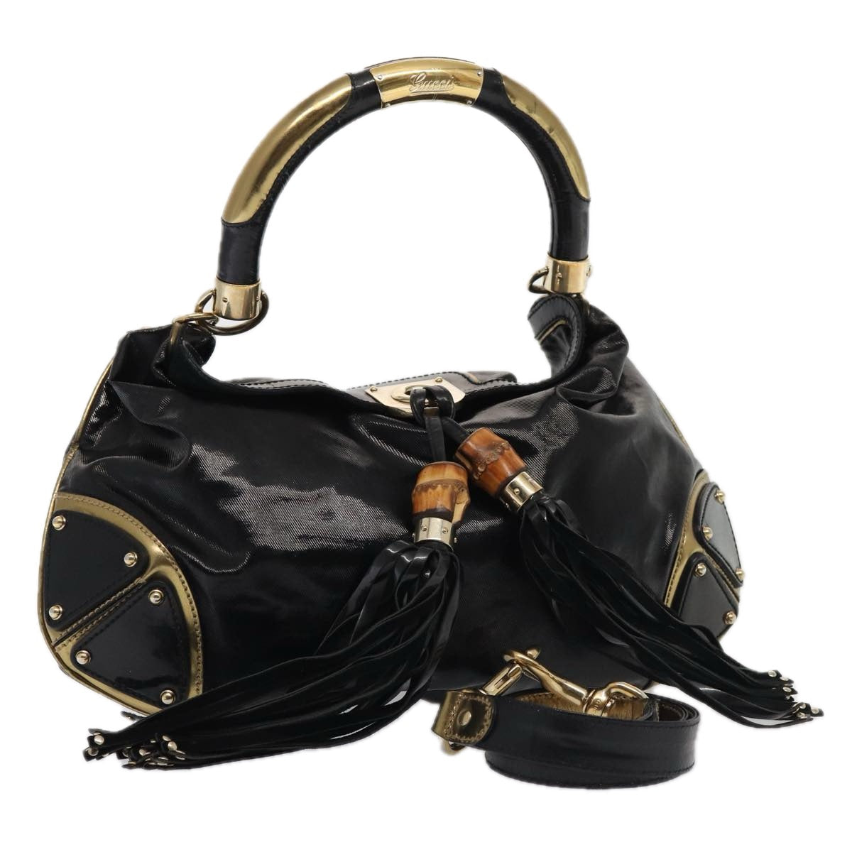 GUCCI Hand Bag Enamel 2way Black Gold 185566 86648