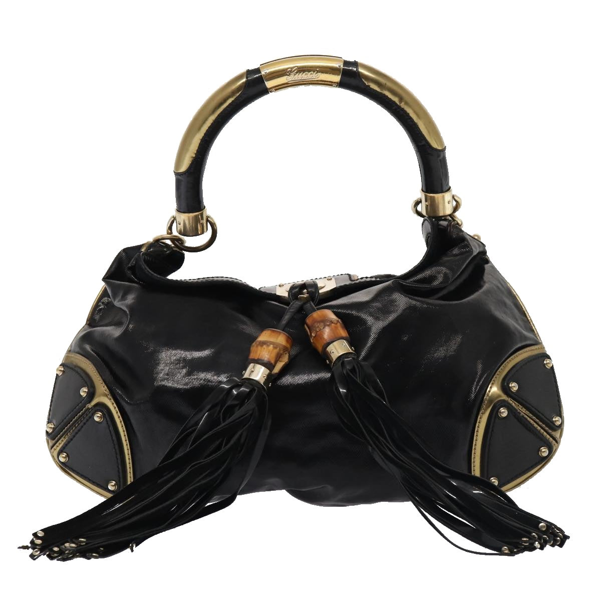 GUCCI Hand Bag Enamel 2way Black Gold 185566 86648