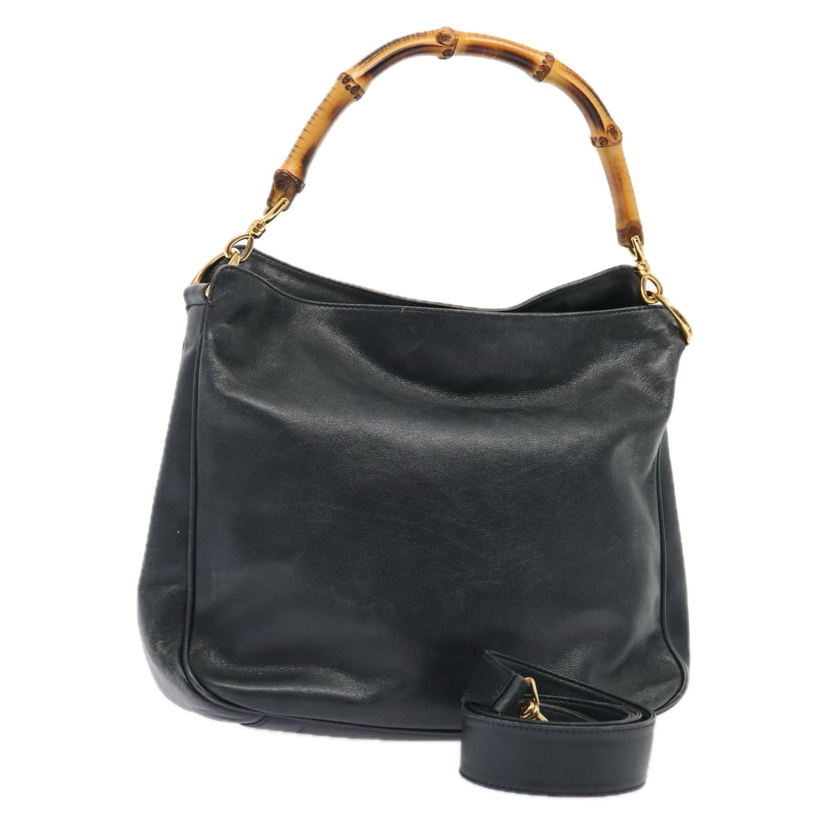 GUCCI Bamboo Shoulder Bag Leather 2way Navy Gold 001 1705 1638 86727