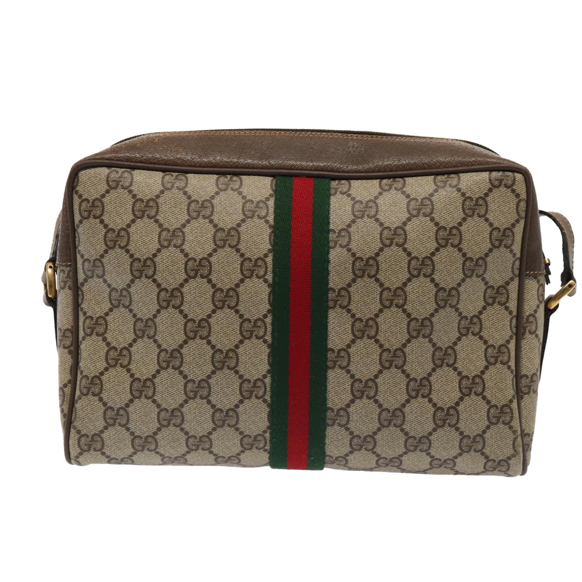 GUCCI GG Supreme Web Sherry Line Shoulder Bag PVC Leather Beige Gold 87052