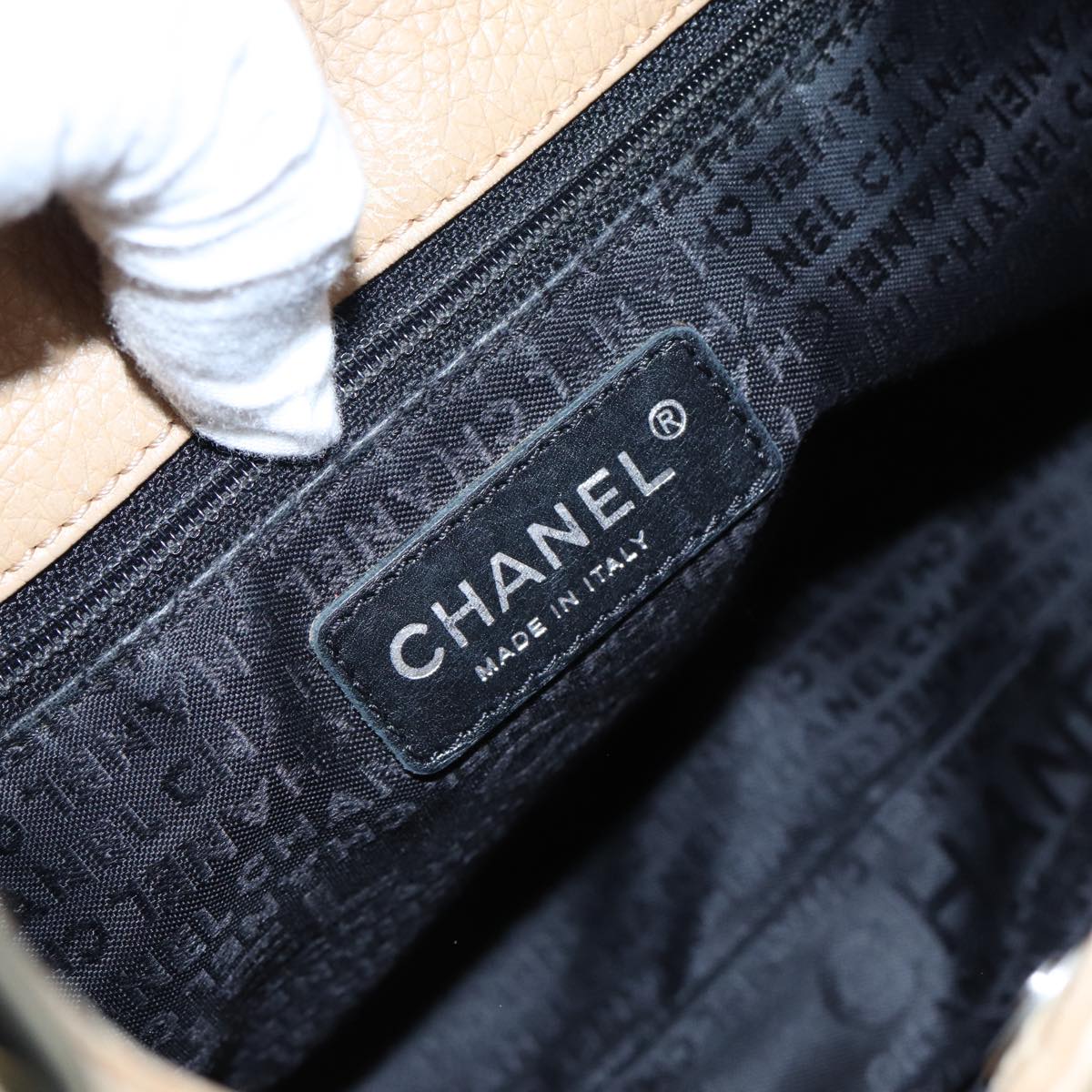 CHANEL Fringe Hand Bag Leather Beige CC 87088