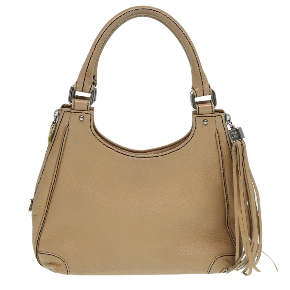 CHANEL Fringe Hand Bag Leather Beige CC 87088
