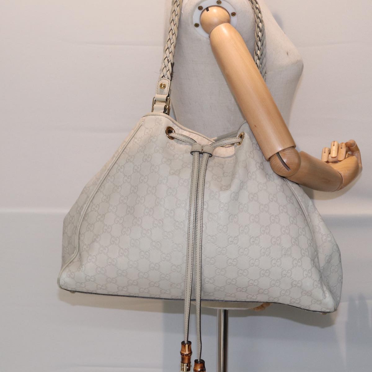GUCCI GG Canvas Guccissima bamboo Shoulder Bag Leather White Gold 87104