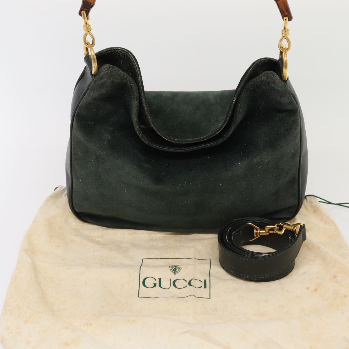 GUCCI Bamboo Hand Bag Suede 2way Green 87329