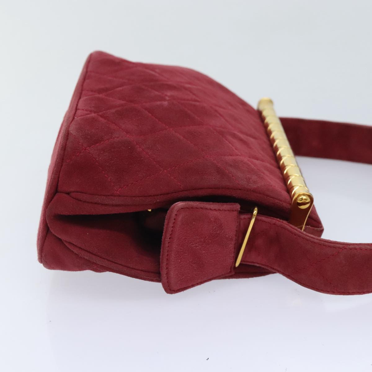 CHANEL Matelasse Hand Bag Suede Red Gold CC 88279