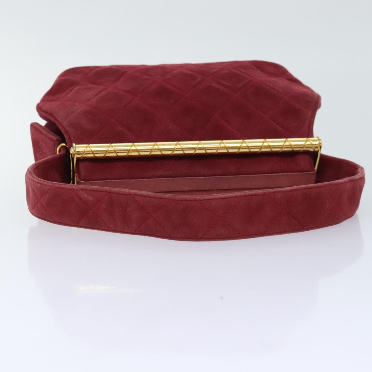 CHANEL Matelasse Hand Bag Suede Red Gold CC 88279