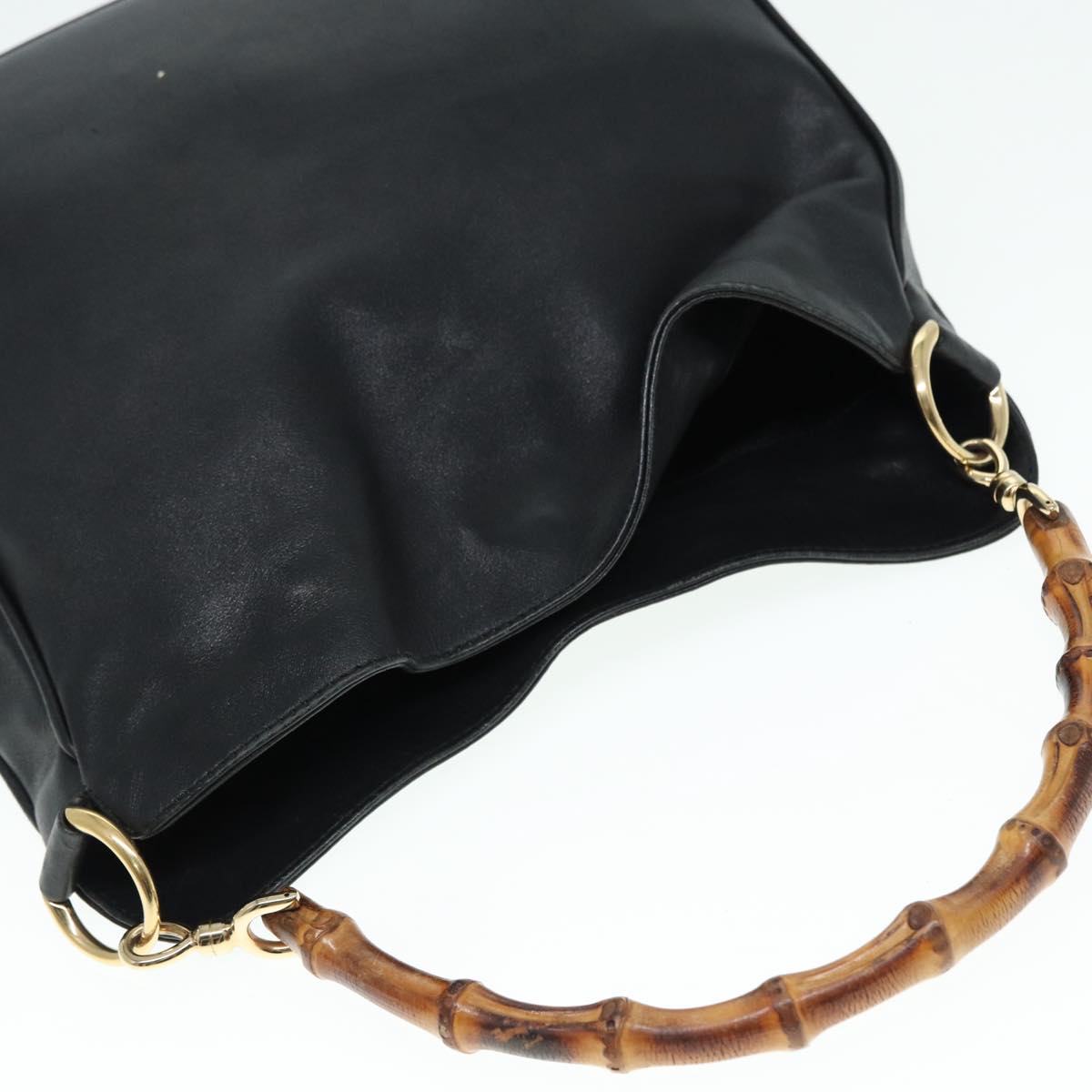 GUCCI Bamboo Hand Bag Leather Black Gold 88409